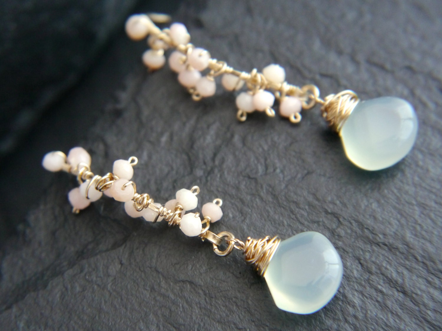 Aqua Chalcedony Briolette Labradorite Cluster Gemstone Earrings, 14K Gold Filled Romantic Style