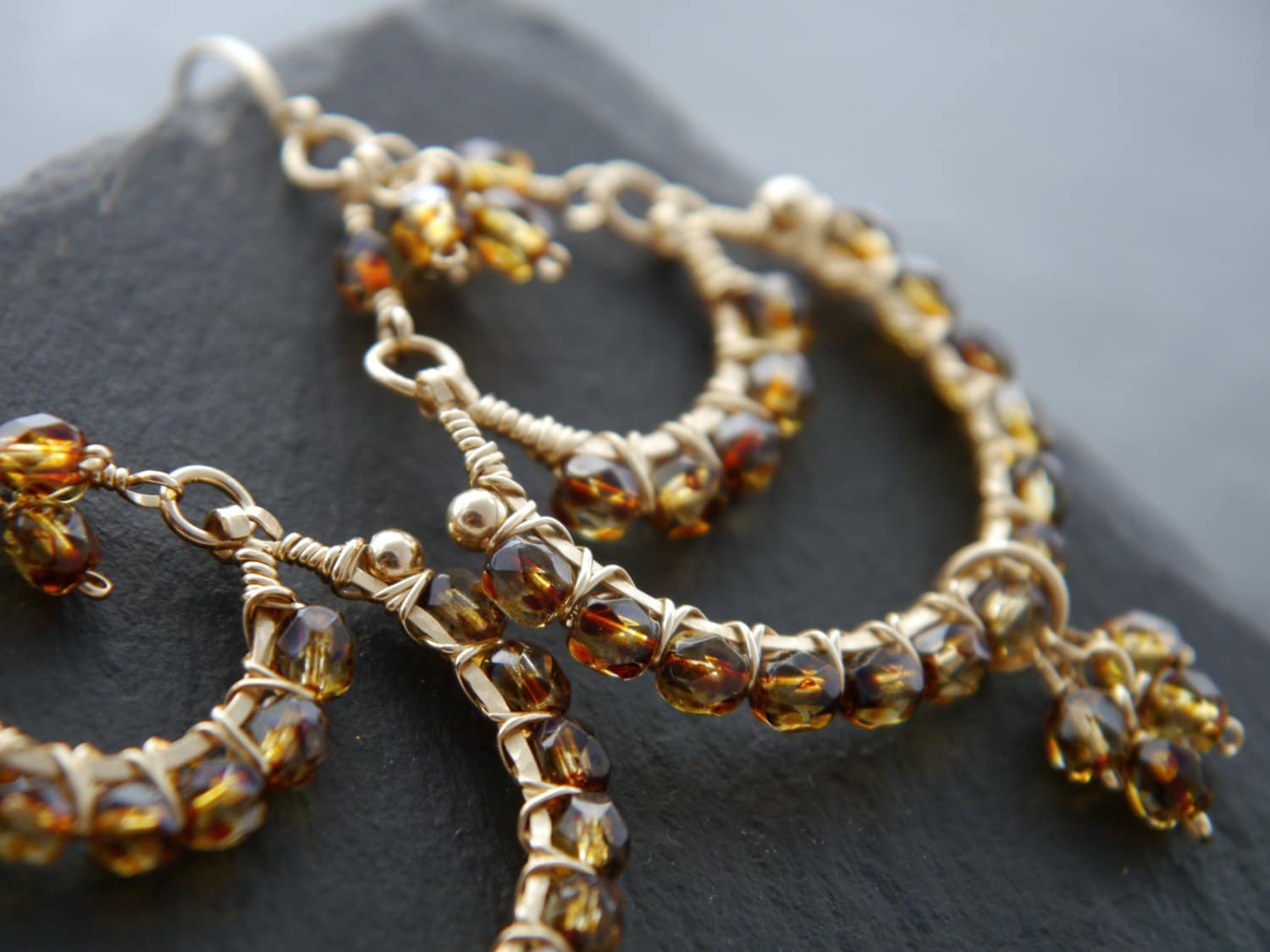 Boho Tortoiseshell Czech Glass Chandelier Gemstone Earrings, 14K Gold Filled