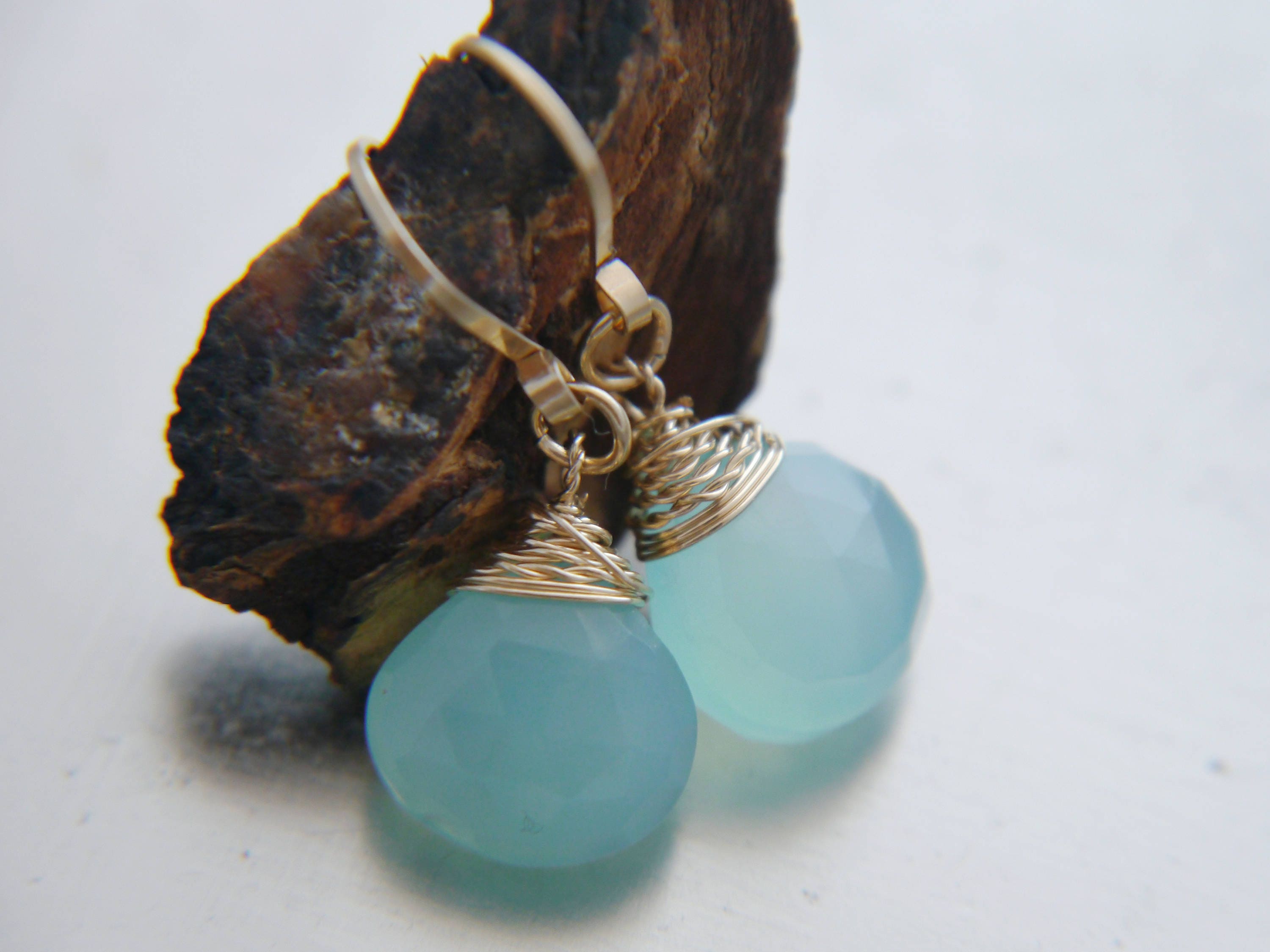Aqua Chalcedony Heart Briolette Teardrop Gemstone Earrings, 14K Gold Filled Romantic Gift