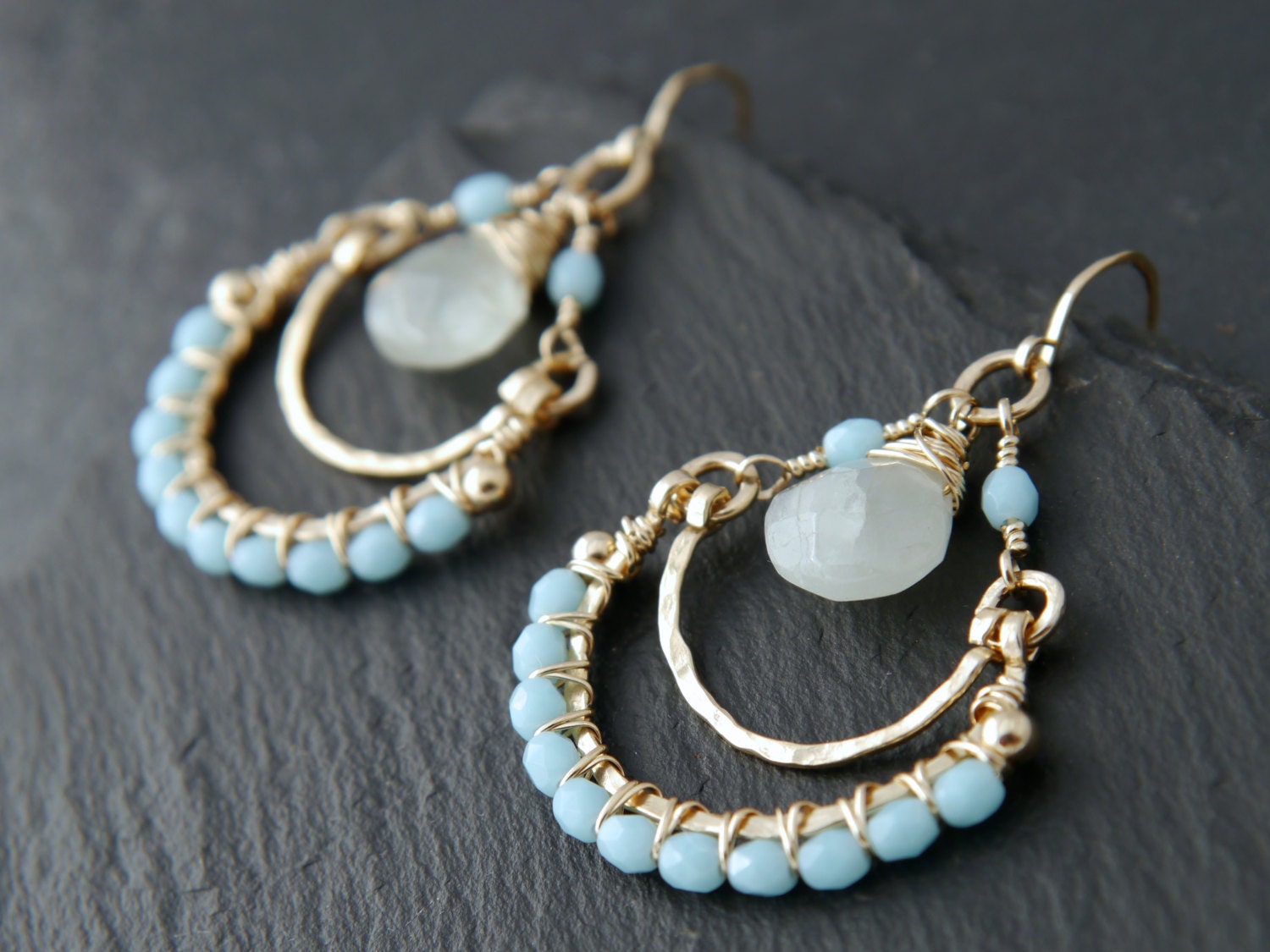 Aquamarine Hoop Gemstone Earrings, 14K Gold Filled Bohemian Style