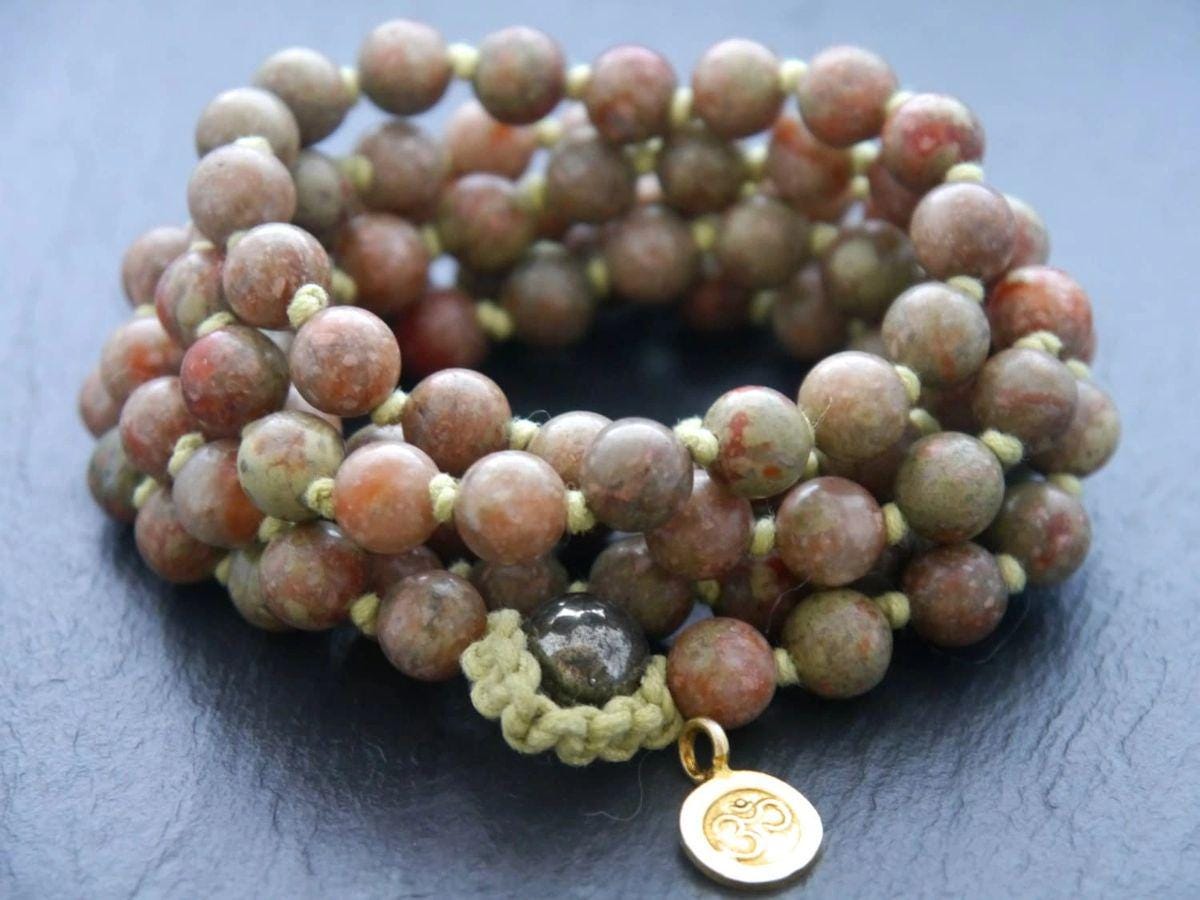 Autumn Jasper 108 Mala Beads, 108 Gemstone Beads, Wrap, Hand Knotted