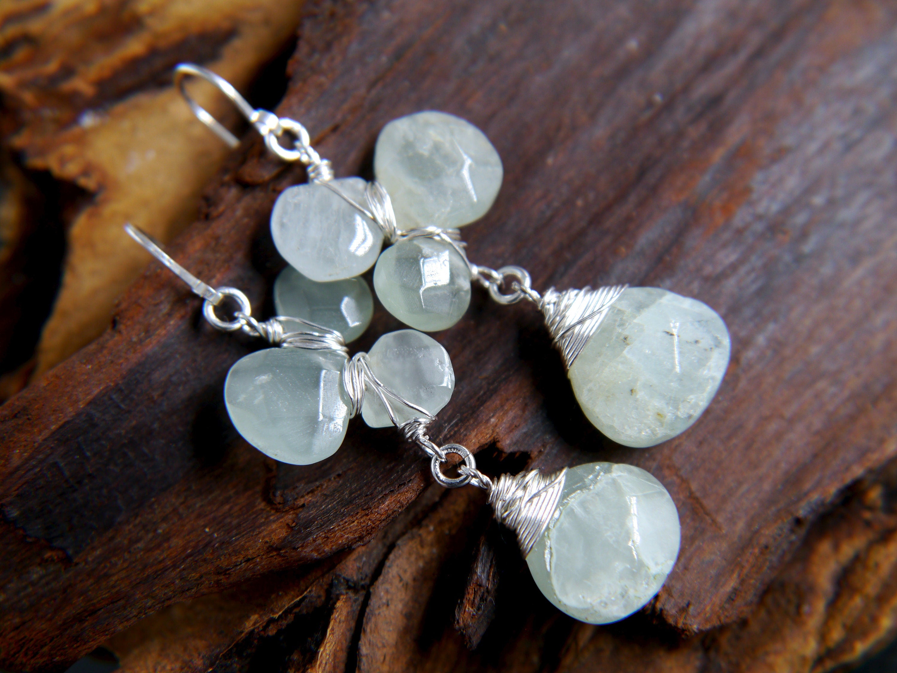 Aquamarine Flower Gemstone Earrings, Sterling Silver Wire Wrapped, Garden Wedding