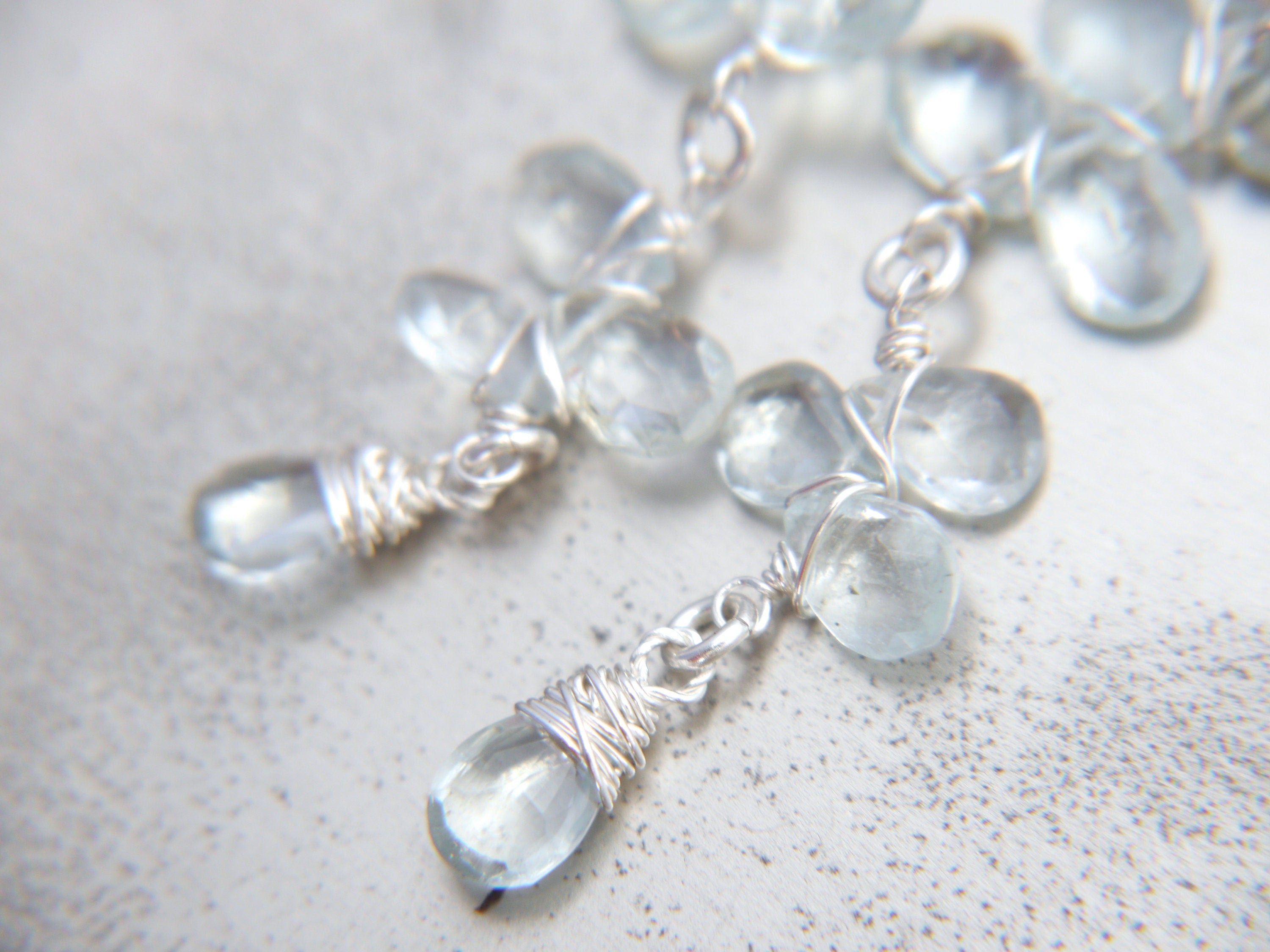 Aquamarine Pearl Long Dangle Chandelier Gemstone Earrings, Sterling Silverr Bridal Jewelry