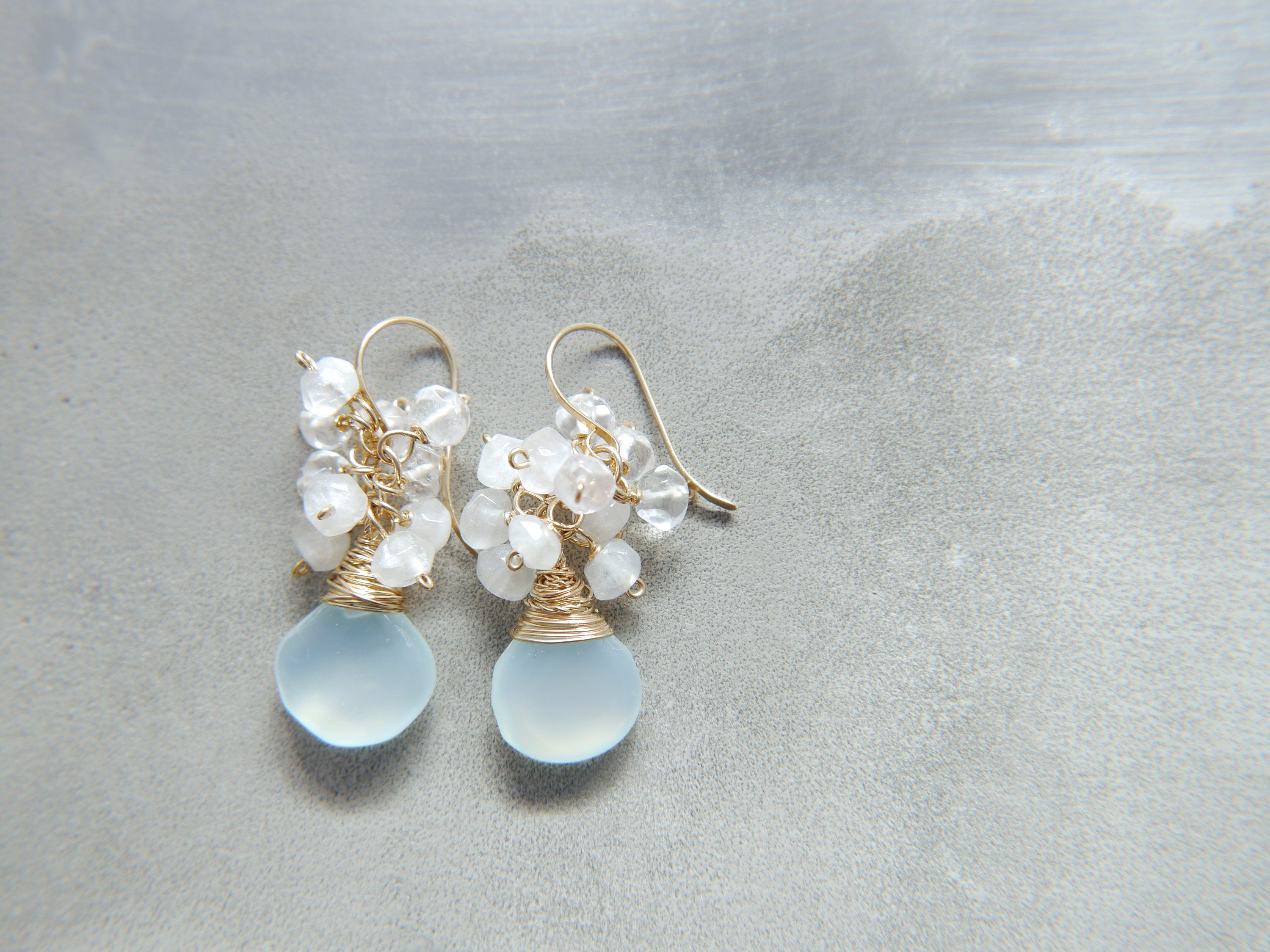 Aqua Chalcedony Rose Quartz Cluster Gemstone Earrings, 14K Gold Filled Romantic Style
