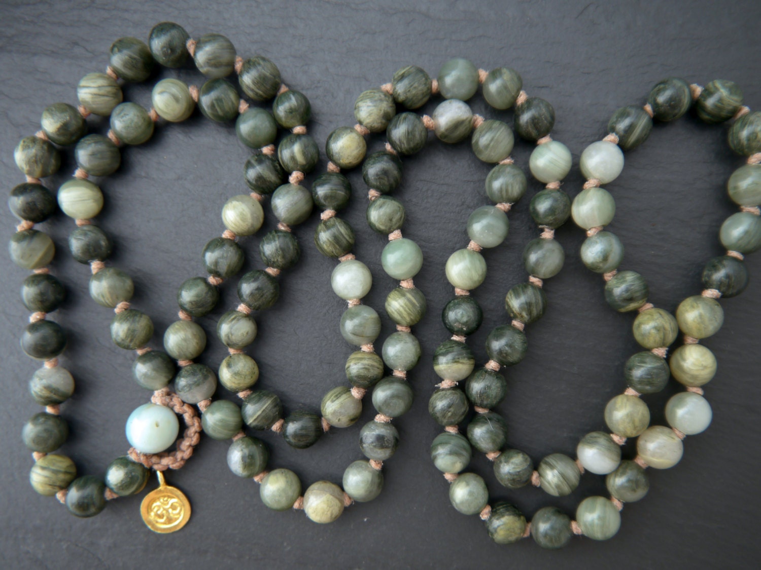 Green Line Jasper 108 Mala Bead , Wrap, Hand Knotted Tibetan Prayer Beads