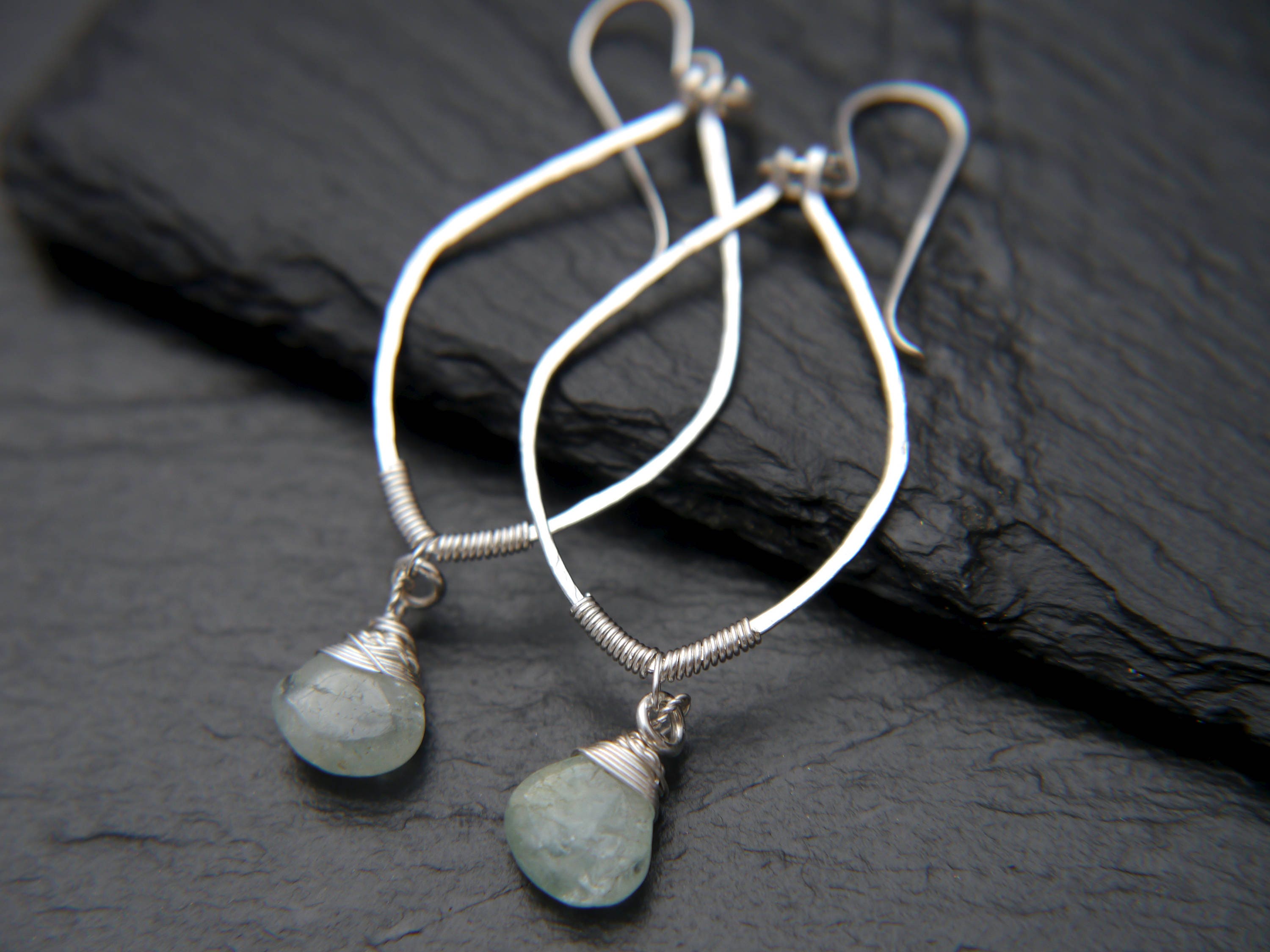 Aquamarine Leaf Dangle Gemstone Earrings, Sterling Silver, Nature Inspired