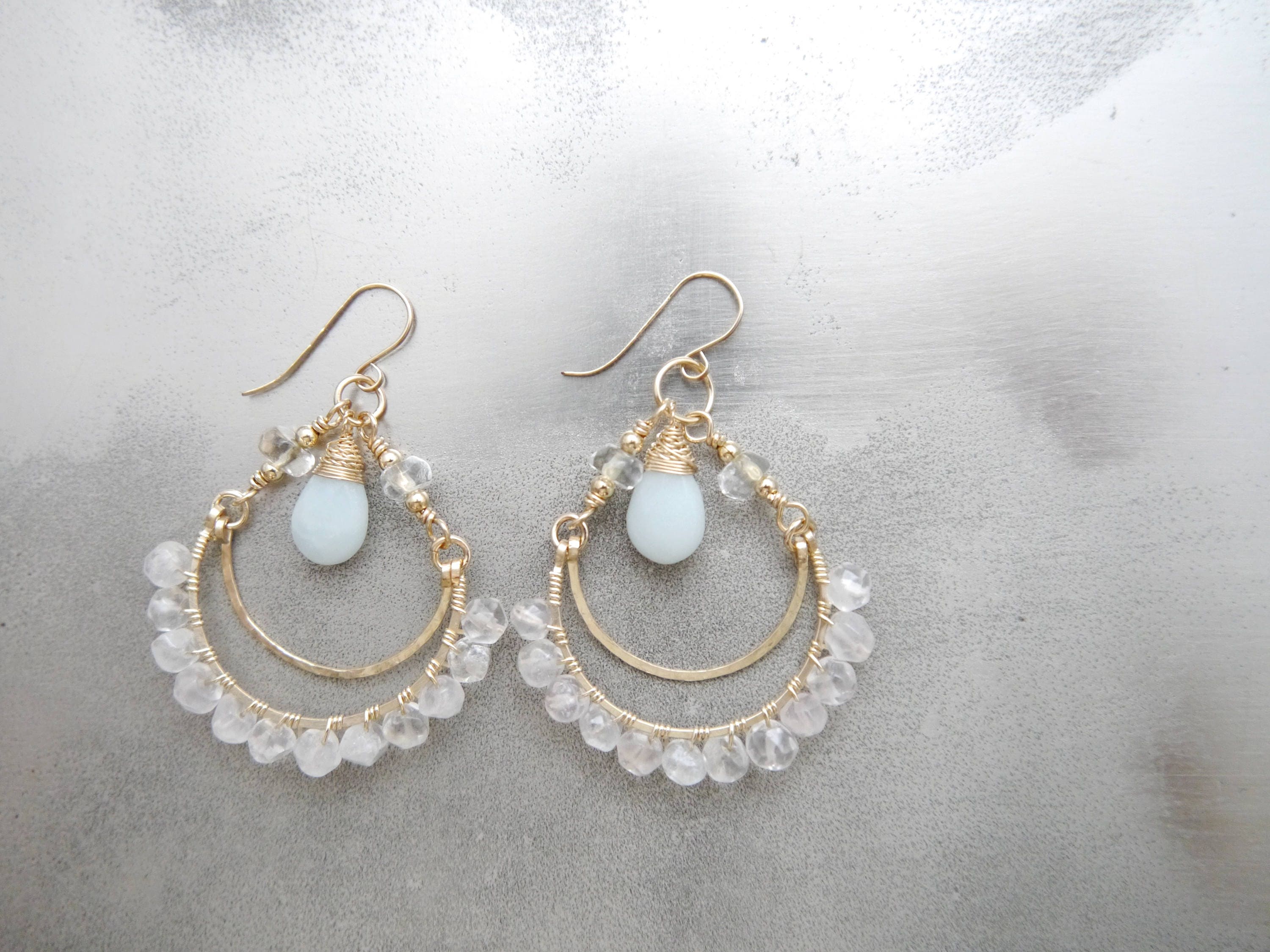 Rose Quartz Amazonite Chandelier Gemstone Earrings, 14K Gold Filled Boho Chic