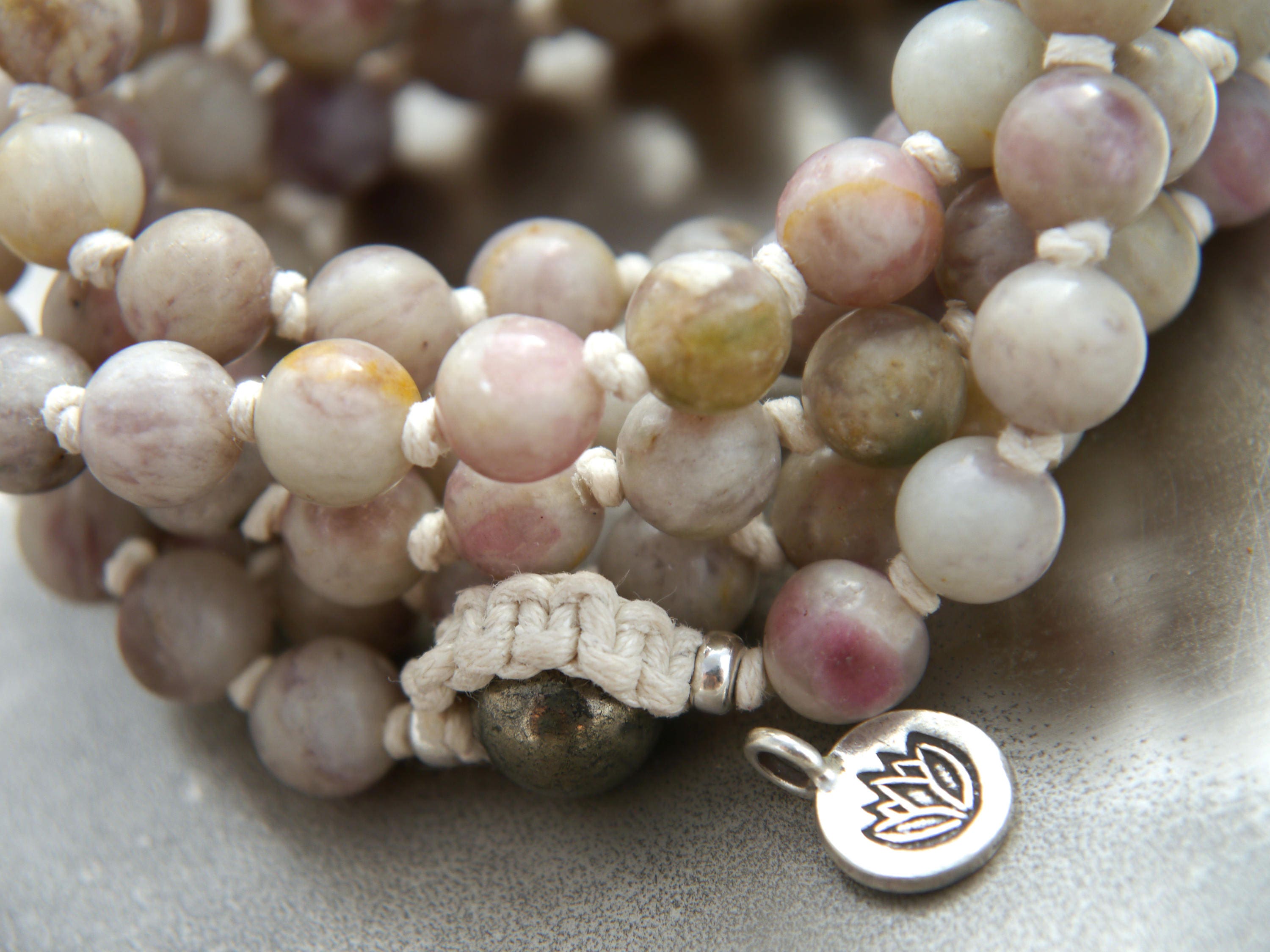 Lilac Stone 108 Mala Bead , Wrap, Hand Knotted Tibetan Prayer Beads