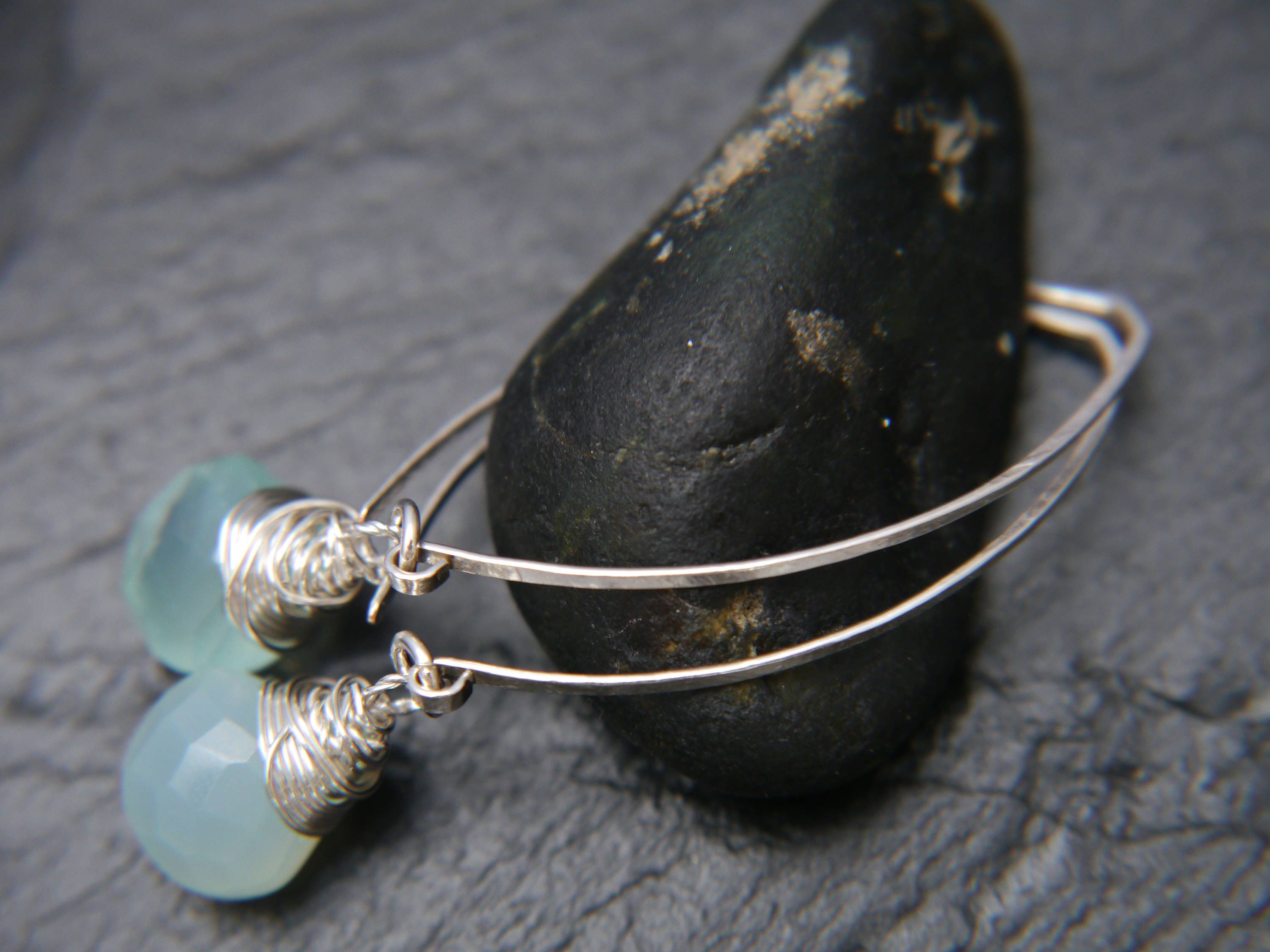 Aqua Chalcedony Briolette Hoop Gemstone Earrings, Sterling Silver
