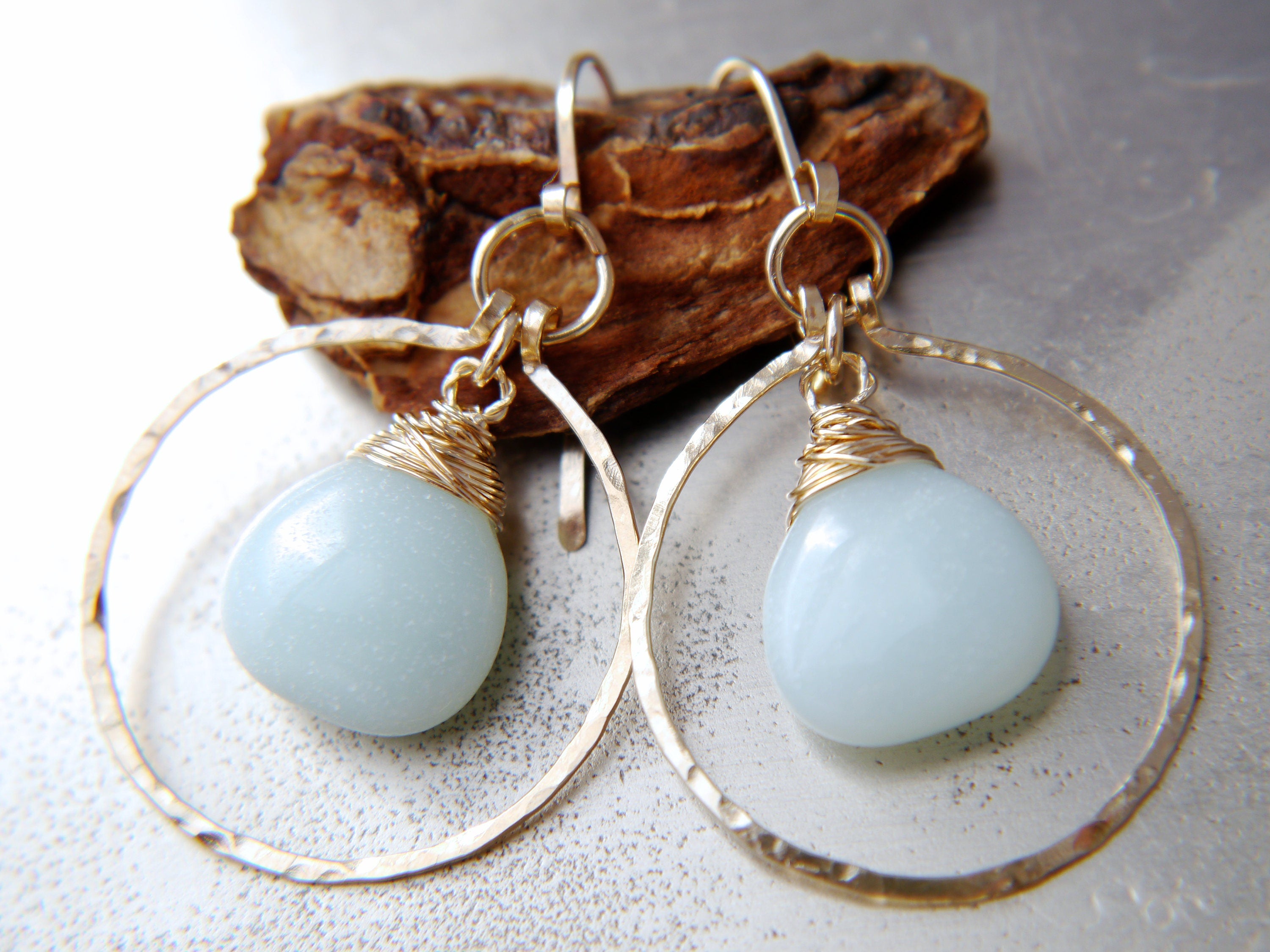 Amazonite Hoop Earrings, 14K Gold Filled Circle Dangle, Everyday Gemstone Jewelry