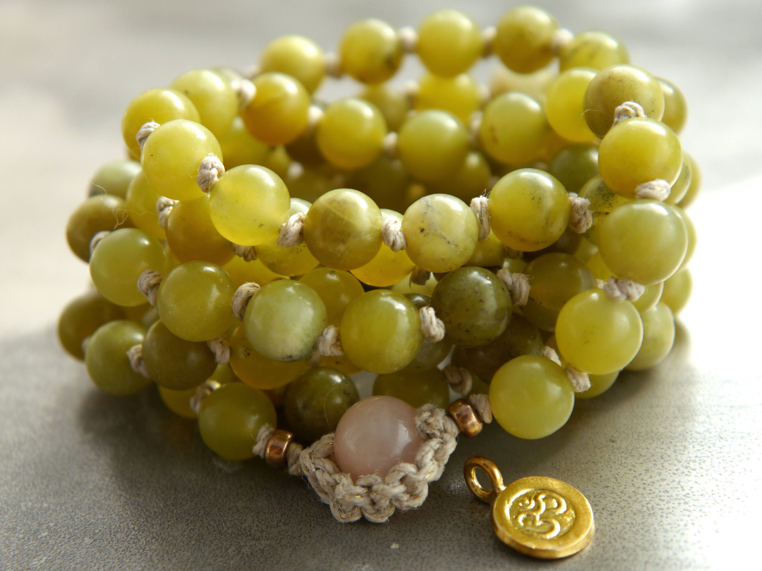 Olive Green Serpentine Mala Beads, 108 Gemstone Beads, Wrap, Hand Knotted