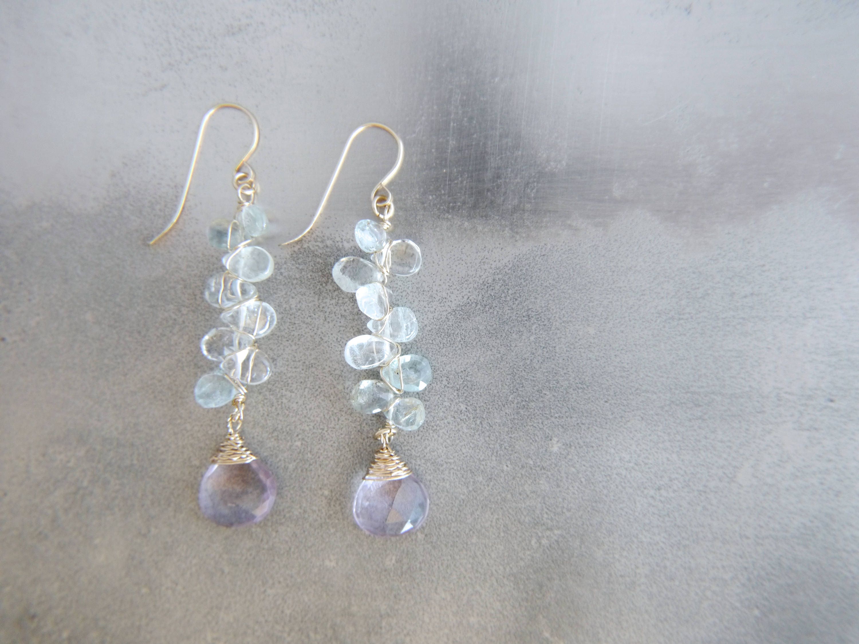 Aquamarine Amethyst Long Dangle Floral Gemstone Earrings, 14K Gold Filled  Wedding