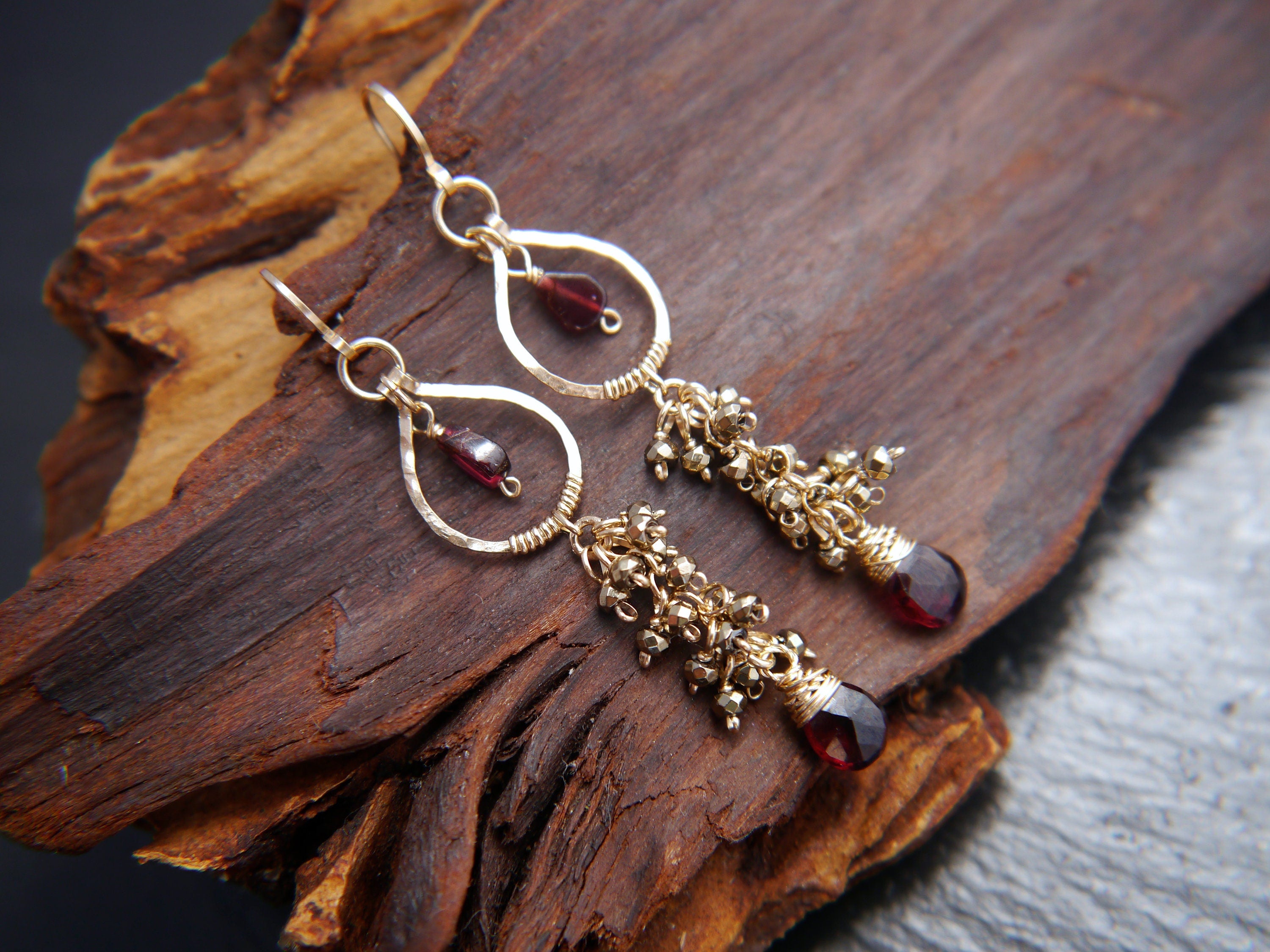 Garnet Chandelier Floral Gemstone Earrings, 14K Gold Filled Bohemian Style