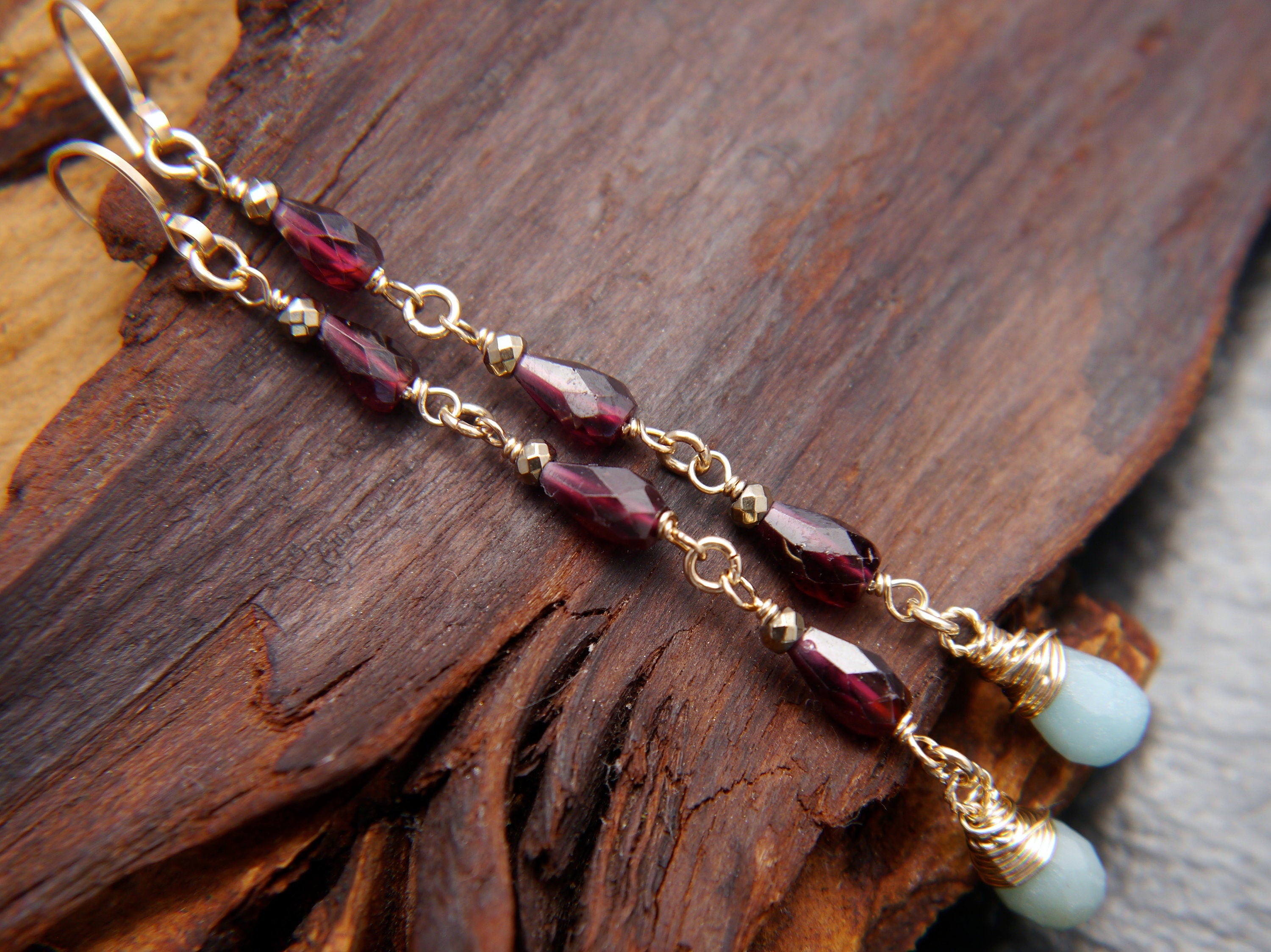 Garnet Amazonite Long Dangle Teardrop Gemstone Earrings, 14K Gold Filled Art Deco