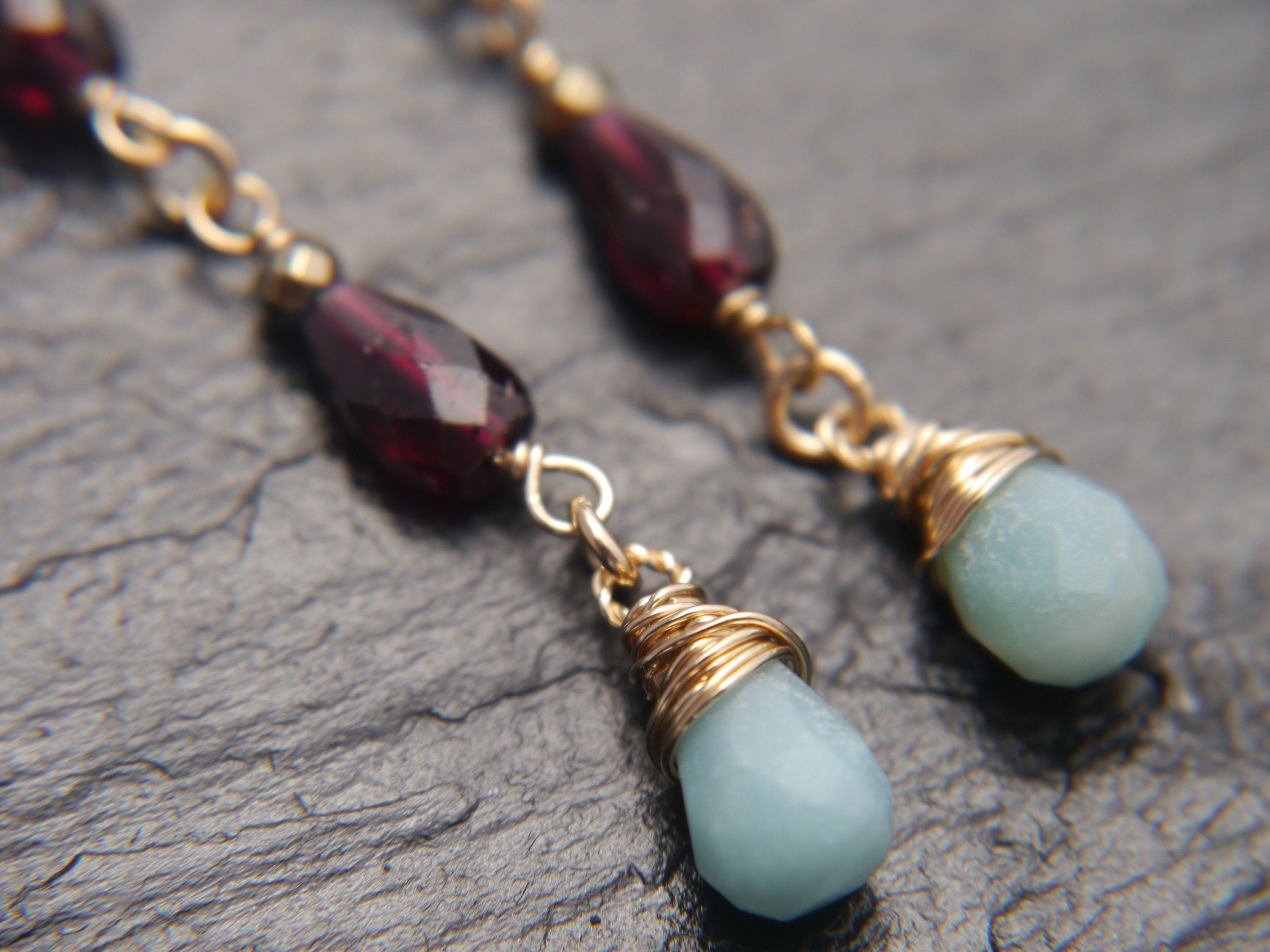 Garnet Amazonite Long Dangle Teardrop Gemstone Earrings, 14K Gold Filled Art Deco