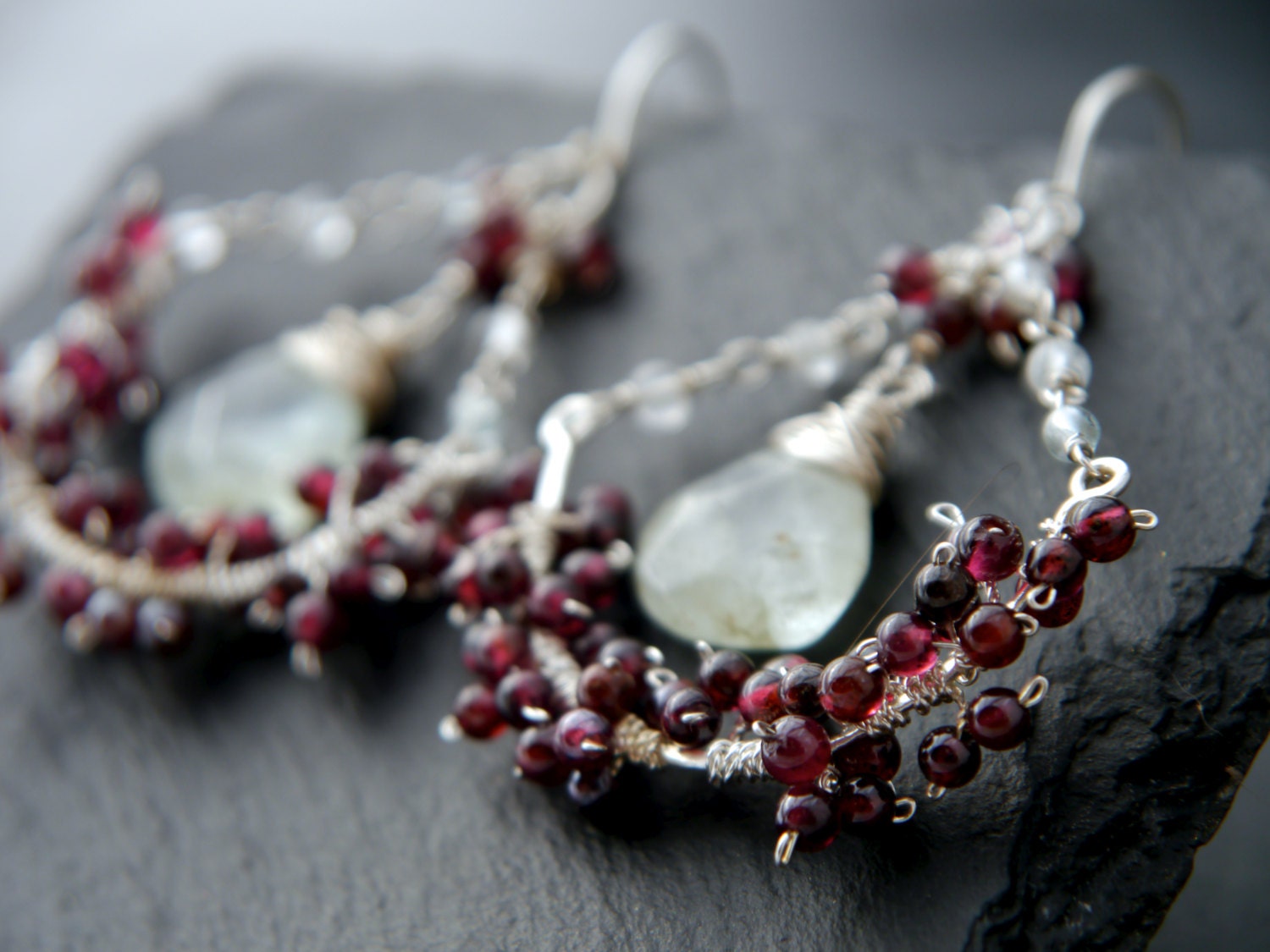 Aquamarine Garnet Floral Chandelier Gemstone Earrings, Sterling Silver Bridal Jewelry