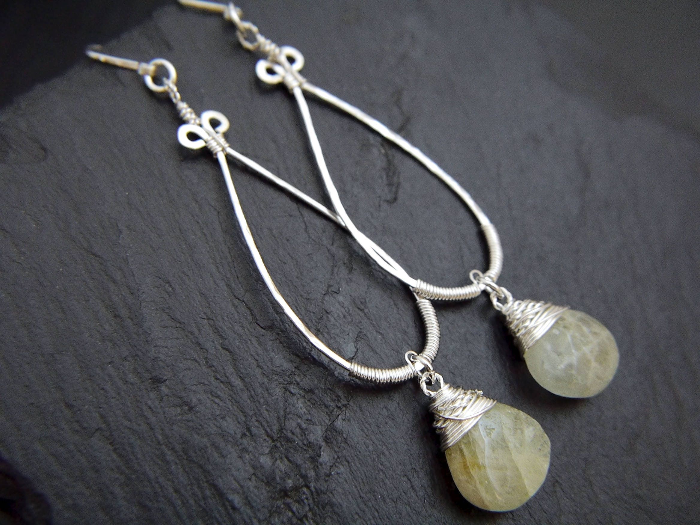 Wire Wrapped Aquamarine Teardrop Dangle Gemstone Earrings, Sterling Silver, Bridal