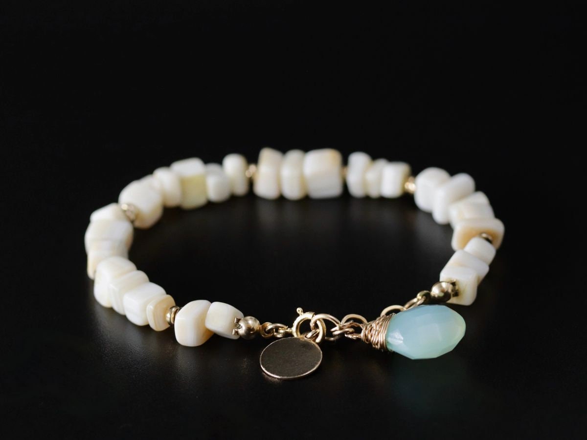 Mother of Pearl Aqua Chalcedony Beaded Gemstone Bracelet – 14K Gold Filled Jewelry
