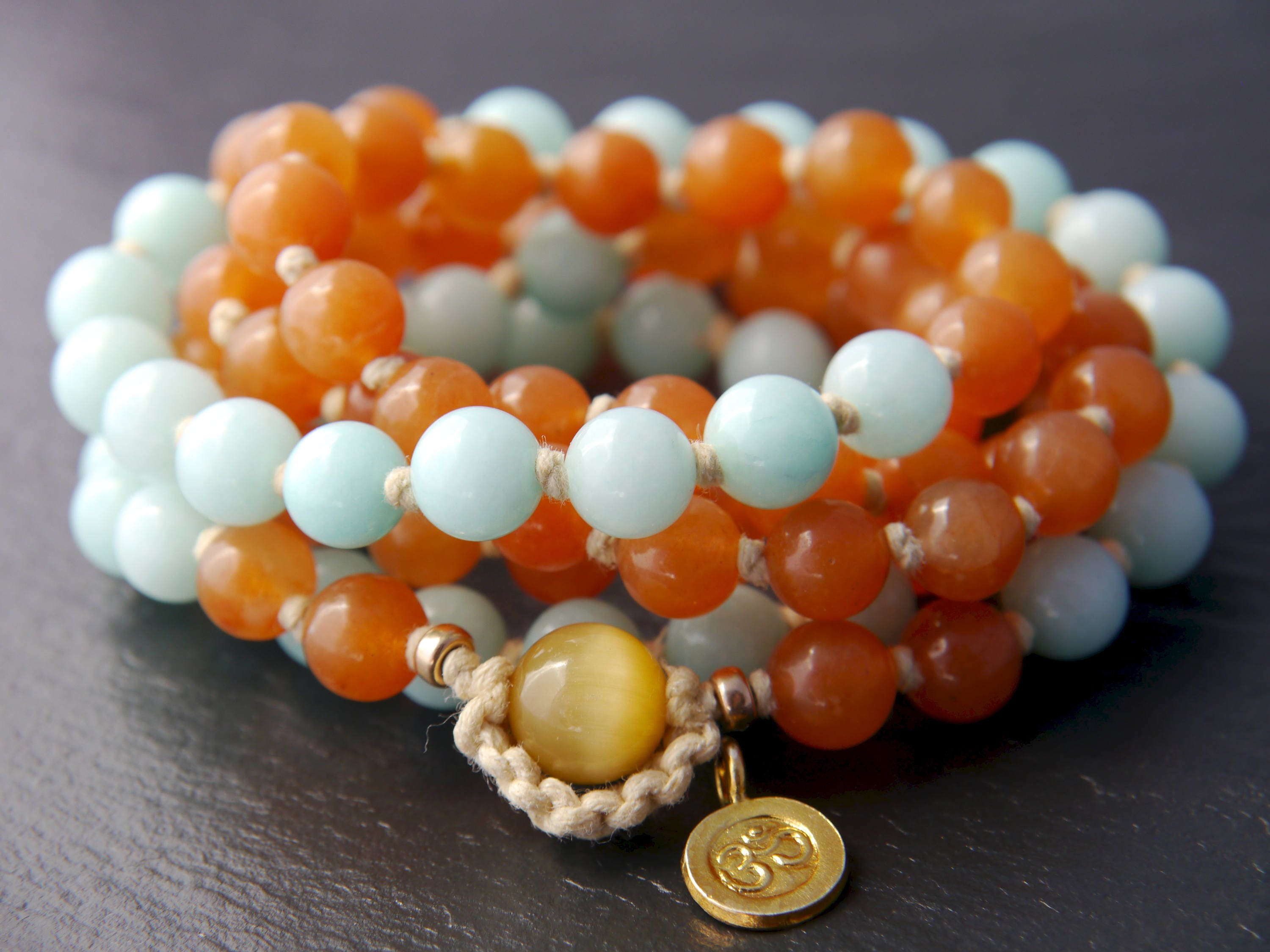 Red Aventurine Amazonite 108 Mala Bead , Wrap, Hand Knotted Tibetan Prayer Beads