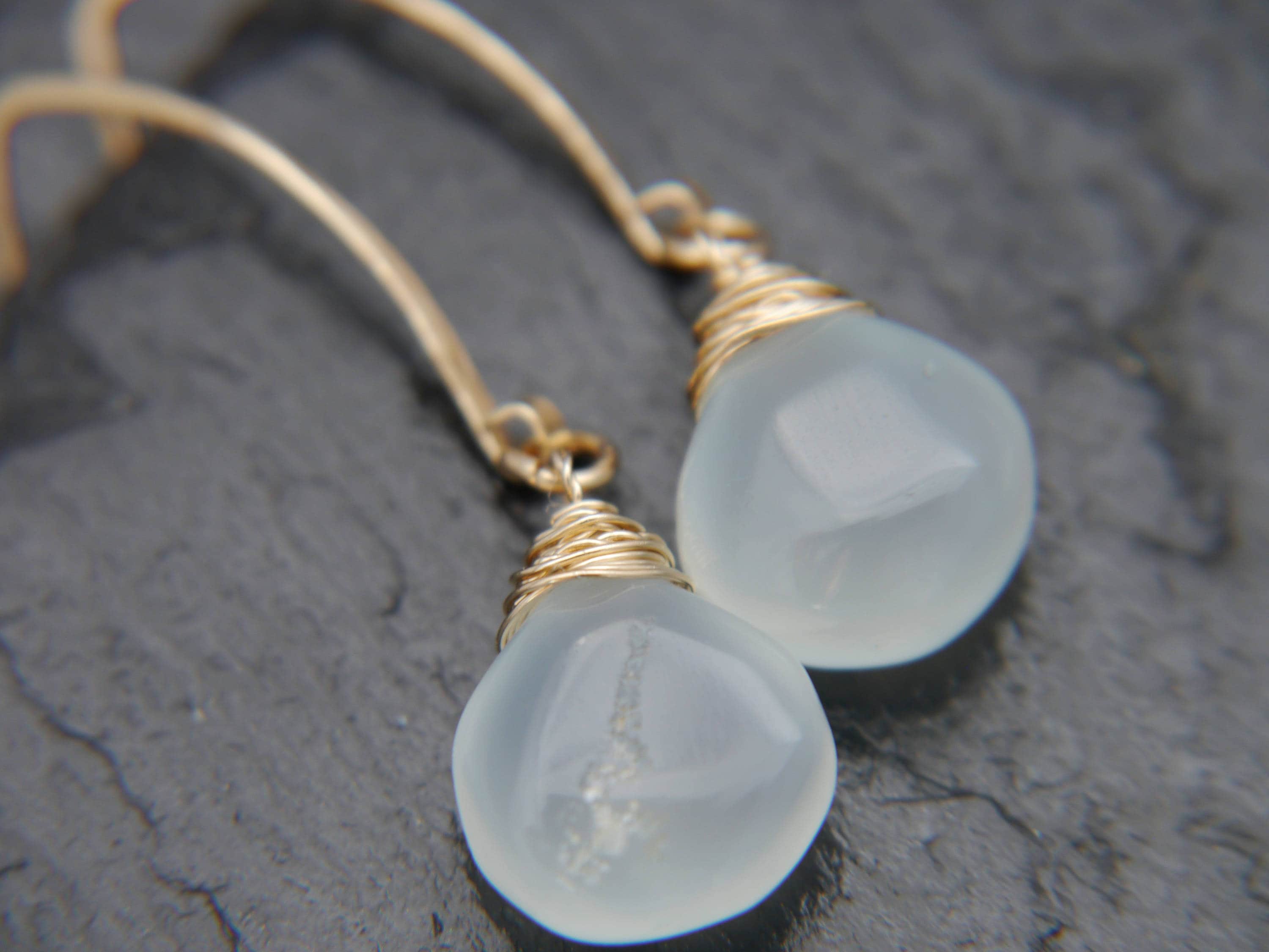 Aqua Chalcedony Heart Briolette Gemstone Earrings, 14K Gold Filled Hoops Dainty