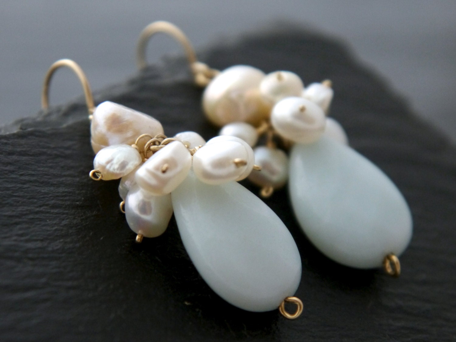 Amazonite Pearl Teardrop Earrings, 14K Gold Filled Dangle, Garden Wedding Jewelry
