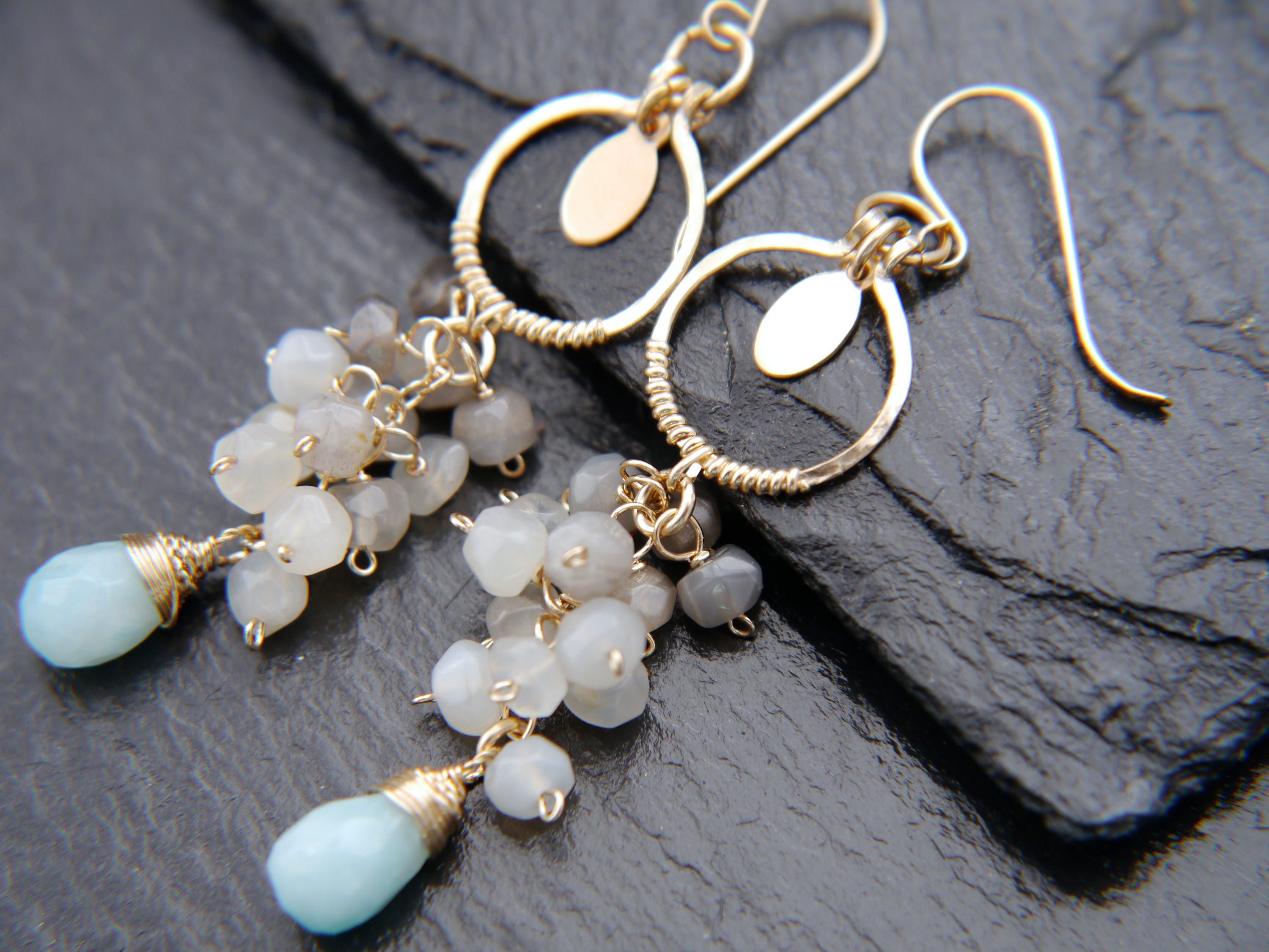 Moonstone Amazonite Cluster Gemstone Earrings 14K Gold Filled Nature Inspired