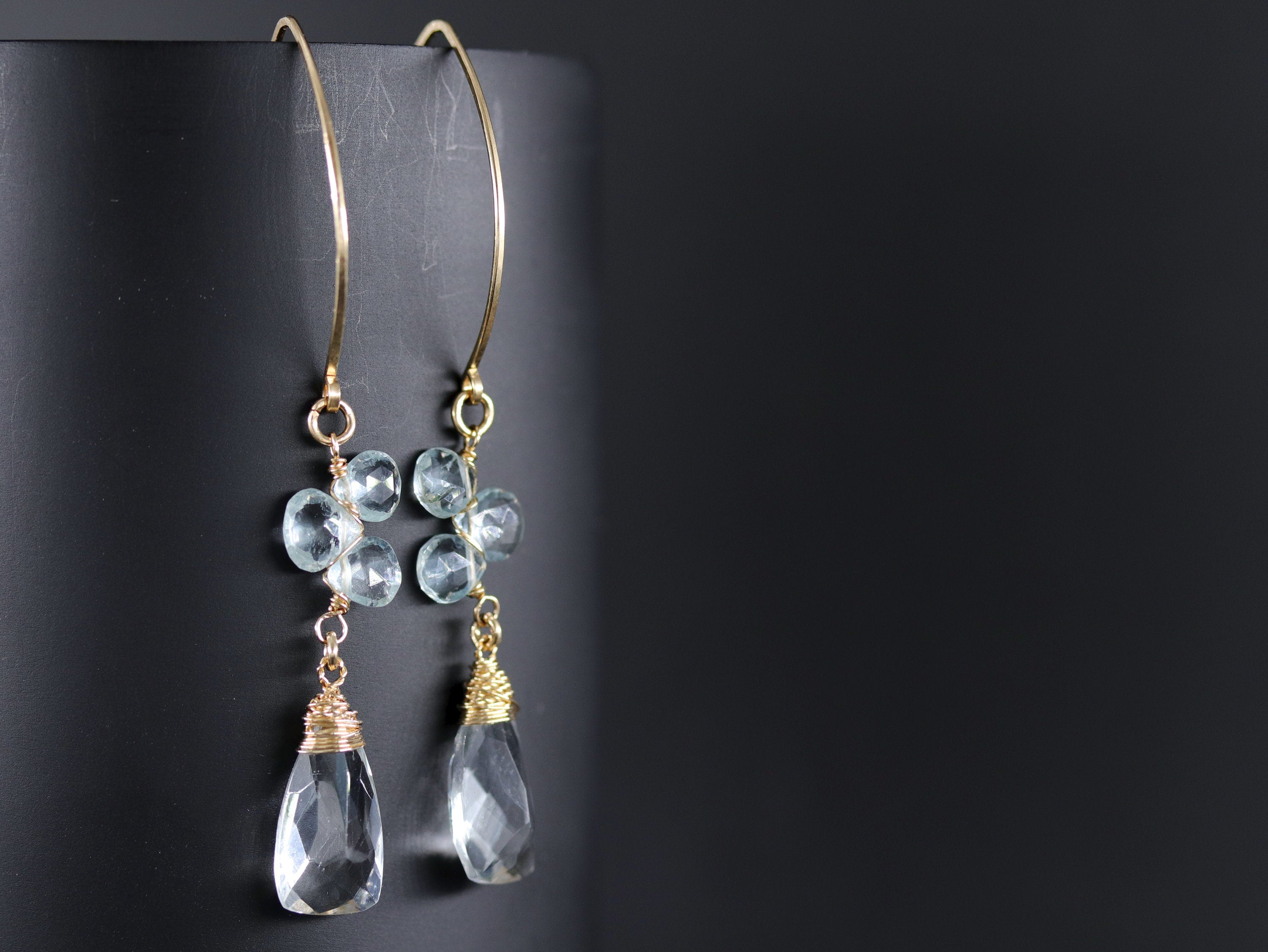 Trillion Aquamarine Quartz Gemstone Earrings, 14K Gold Filled Minimalist Jewelry