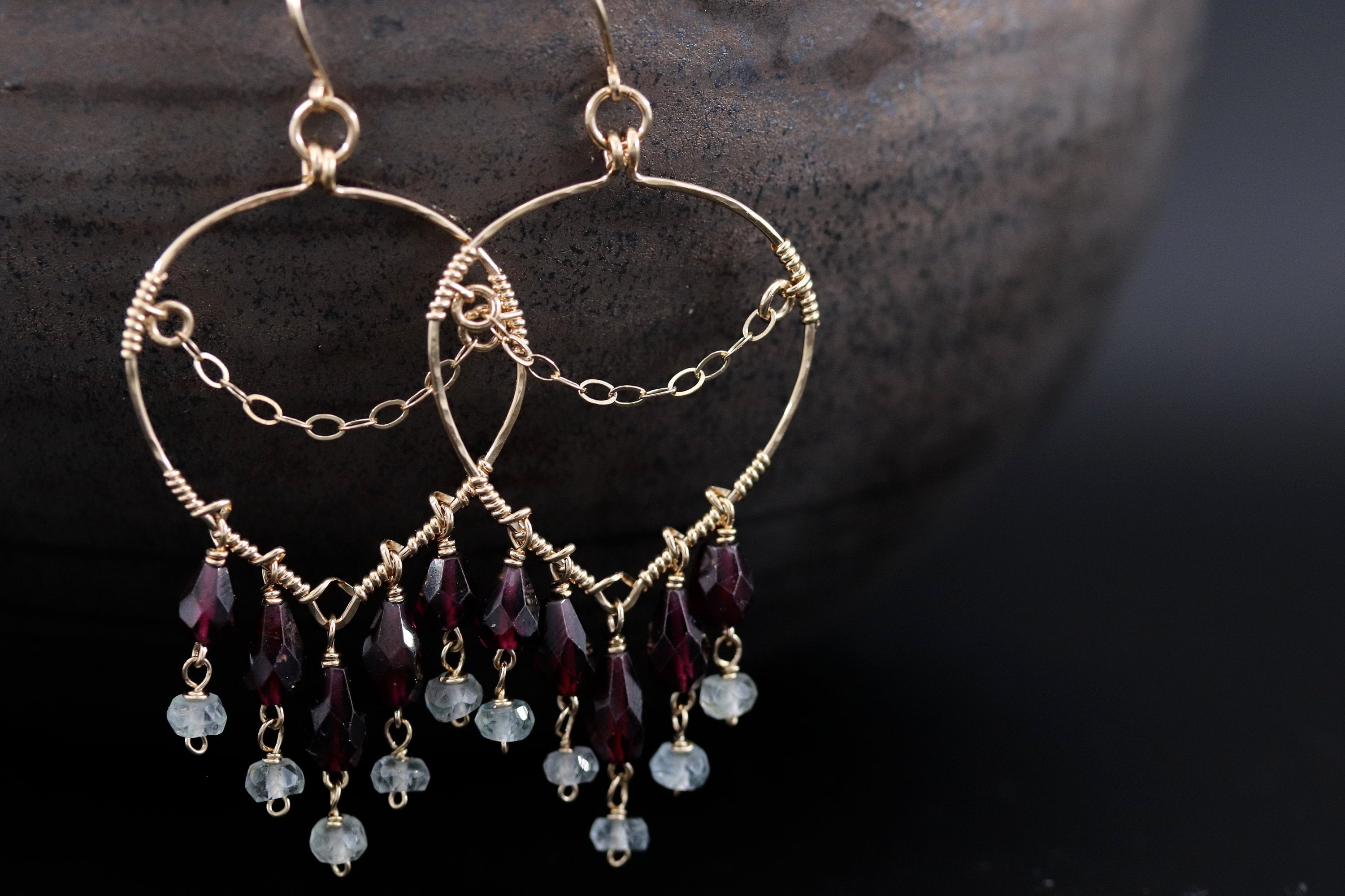 Garnet Aquamarine Fringe Earrings, 14K Gold Filled Long Dangle, Boho Statement