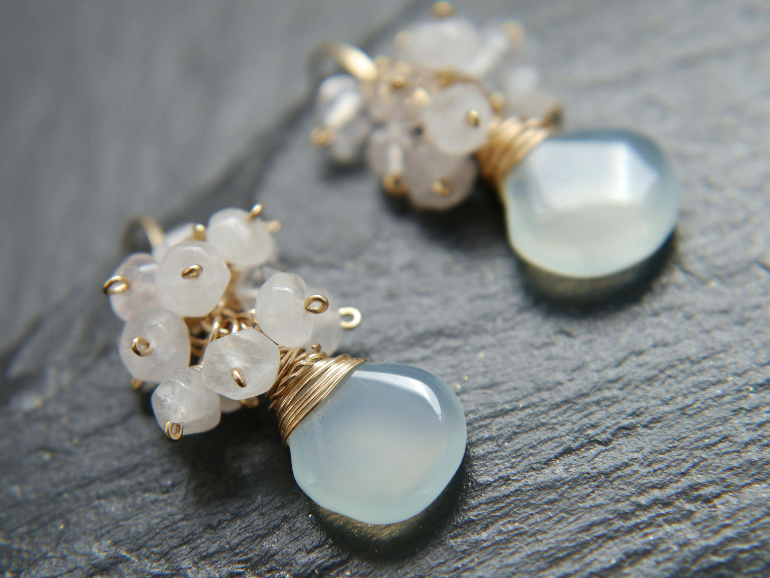 Aqua Chalcedony Rose Quartz Cluster Gemstone Earrings, 14K Gold Filled Romantic Style