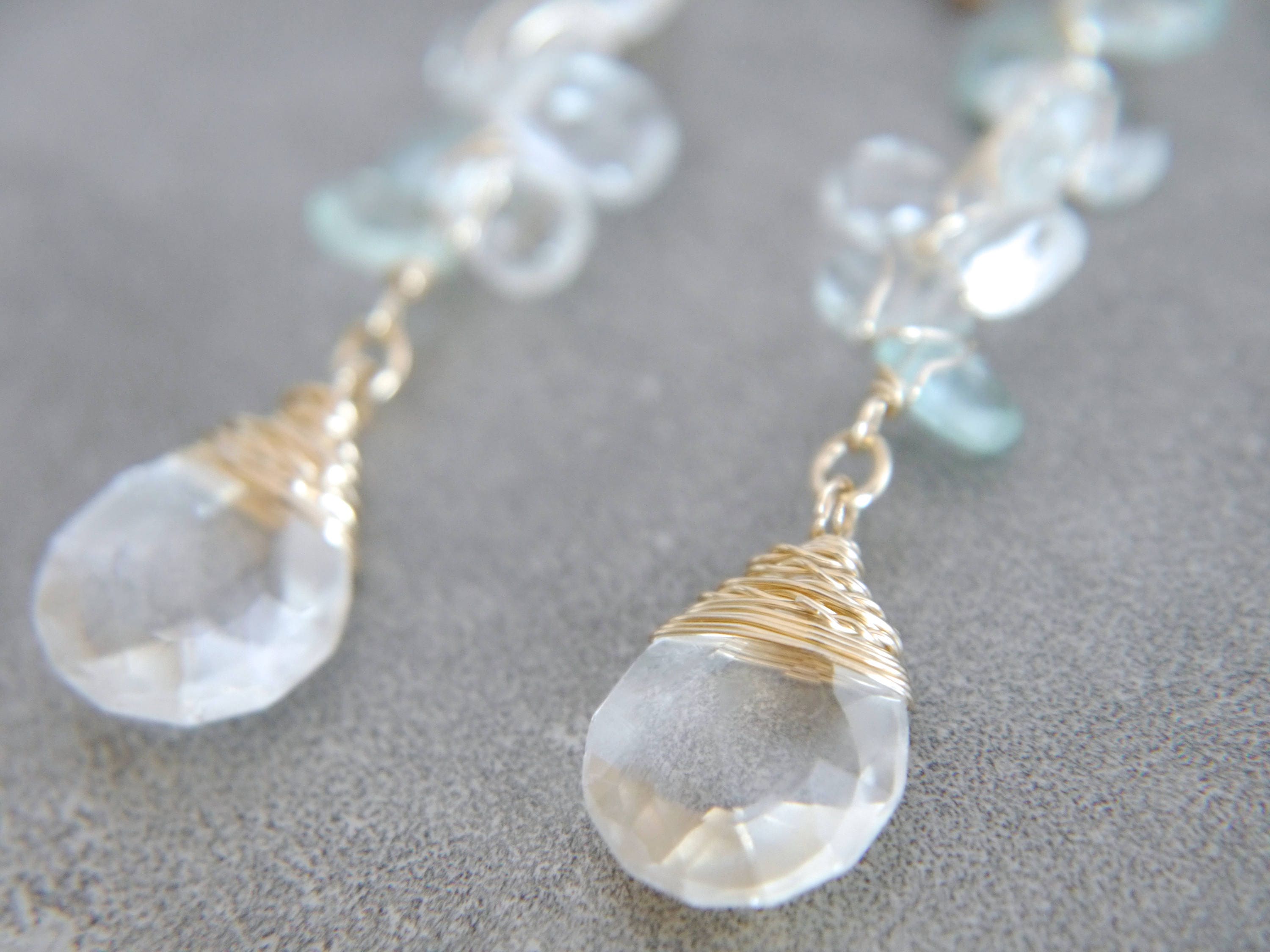 Aquamarine Teardrop Long Dangle Floral Gemstone Earrings, 14K Gold Filled  Botanical