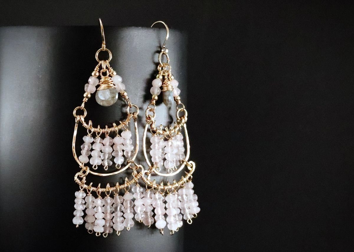 Rose Quartz Labradorite Fringe Chandelier Gemstone Earrings, 14K Gold Filled