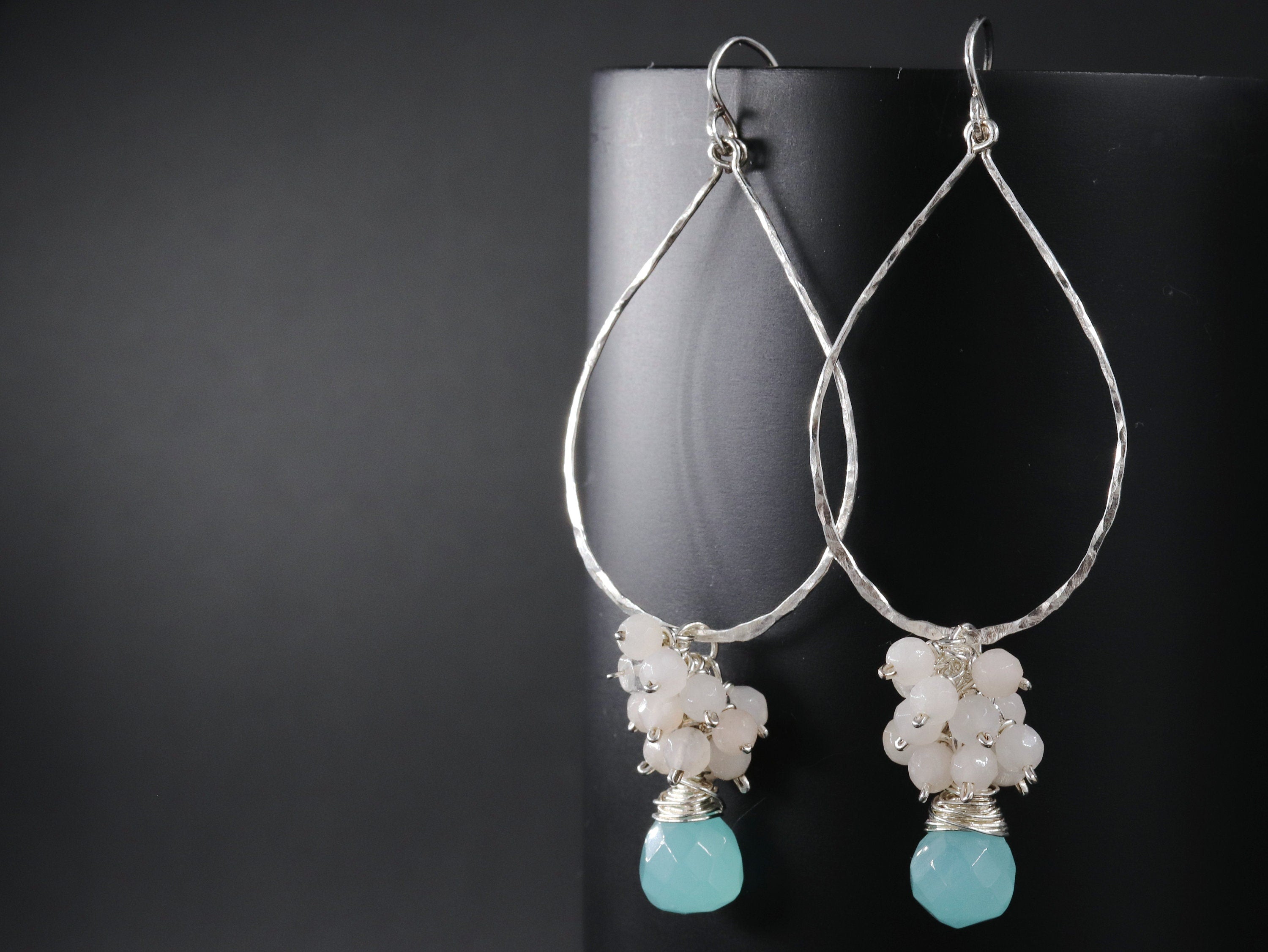 Aqua Chalcedony Rose Quartz Floral Hoop Gemstone Earrings, Sterling Silver, Garden Wedding