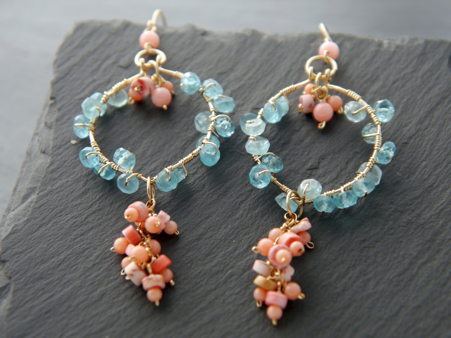 Pink Coral Apatite Chandelier Gemstone Earrings, 14K Gold Filled Bohemian Jewelry
