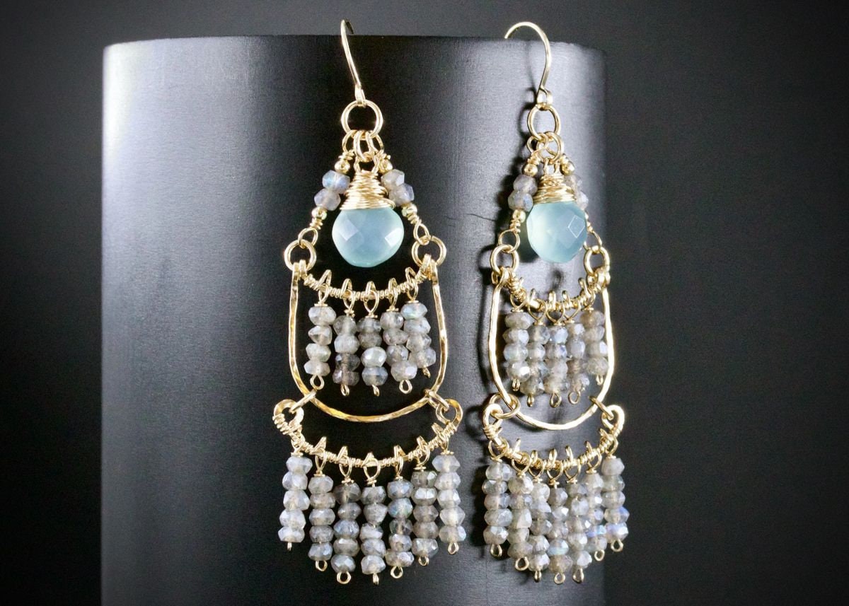Aqua Chalcedony Labradorite Chandelier Gemstone Earrings, 14K Gold Filled Bohemian Wedding Jewelry
