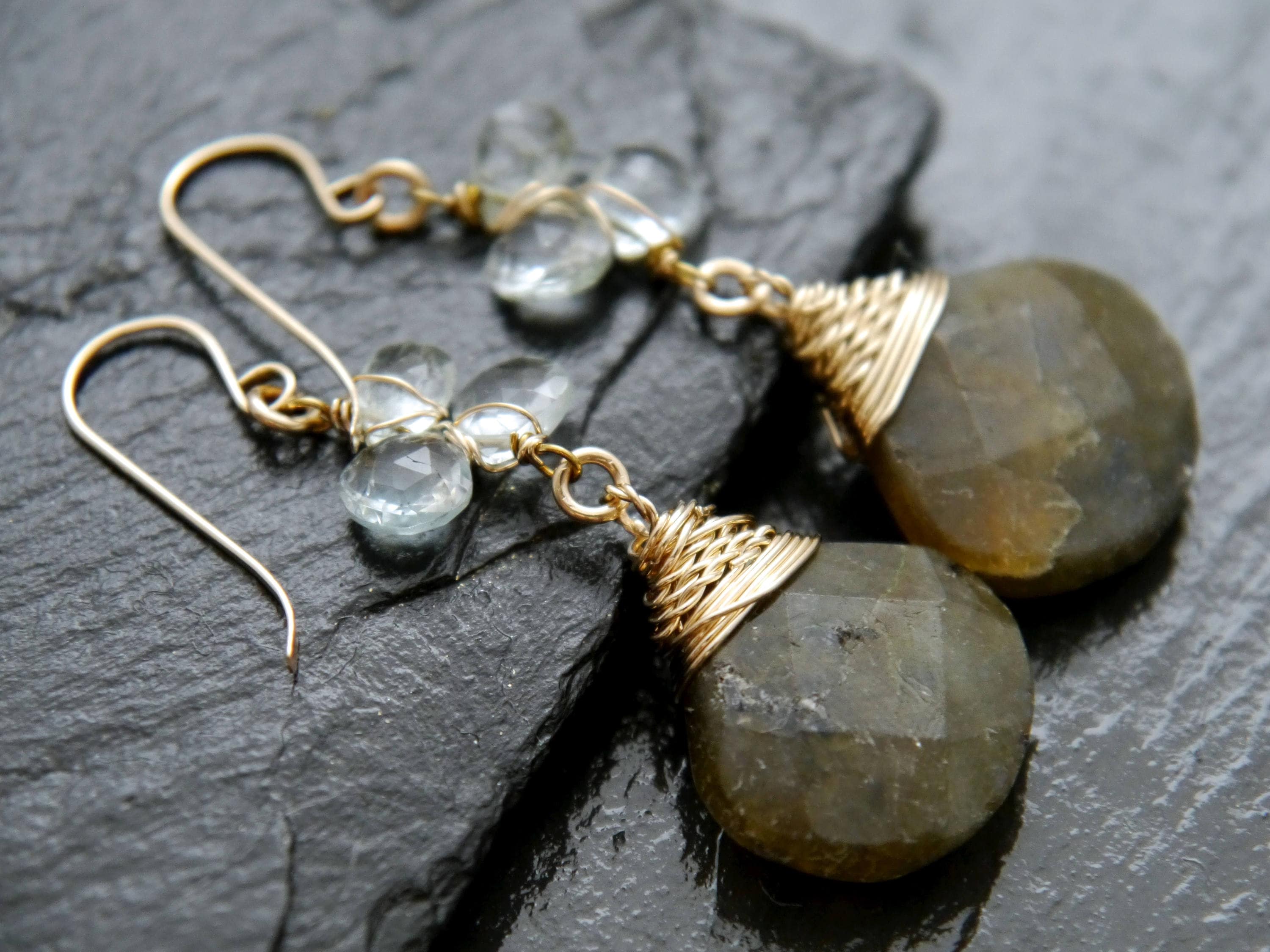 Aquamarine Labradorite Floral Teardrop Gemstone Earrings, 14K Gold Filled Bridal