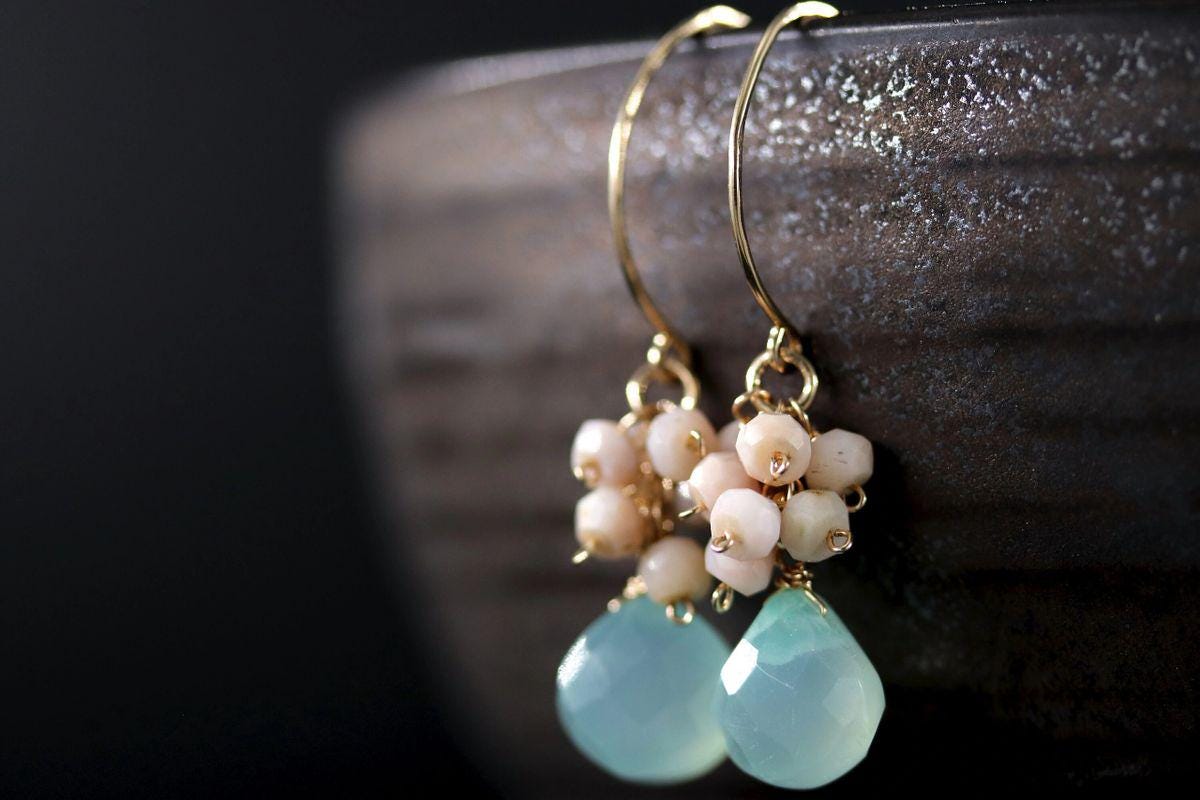 Aqua Chalcedony Pink Opal Floral Cluster Gemstone Earrings, 14K Gold Filled Bohemian