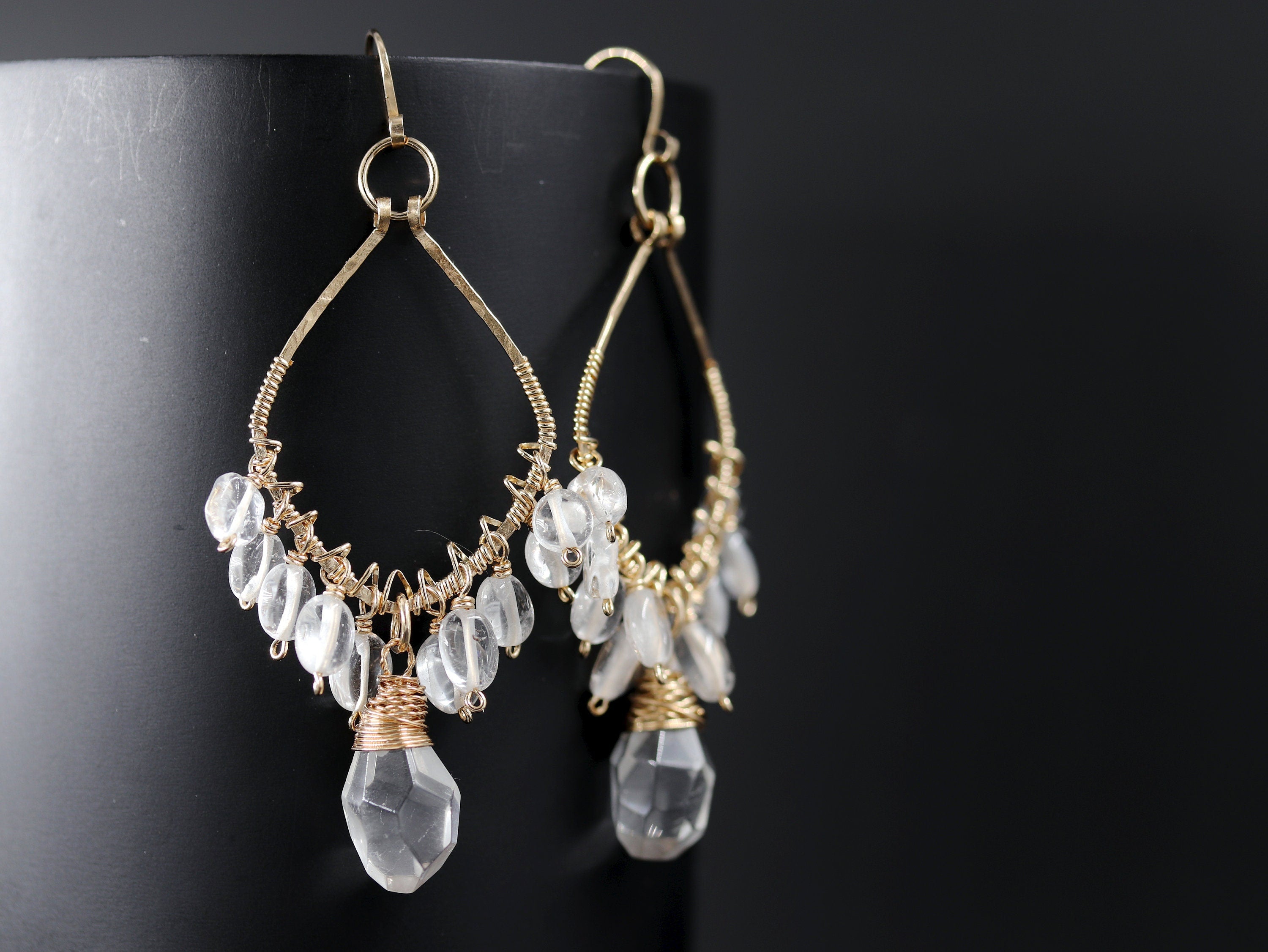Clear Quartz Chandelier Gemstone Earrings, 14K Gold Filled Dangle Bridal