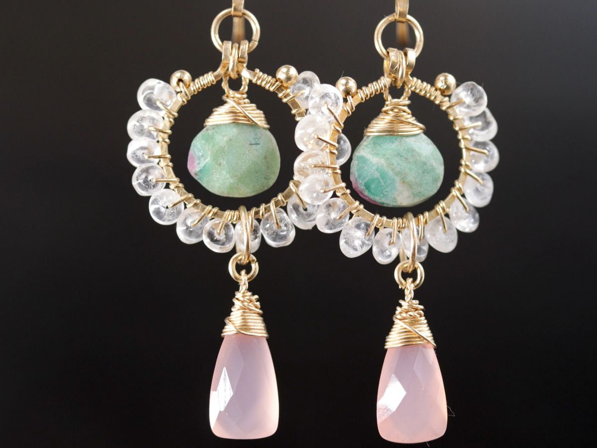 Pink Chalcedony Trillion Ruby in Fuchsite Floral Gemstone Earrings, 14K Gold Filled Unique Boho