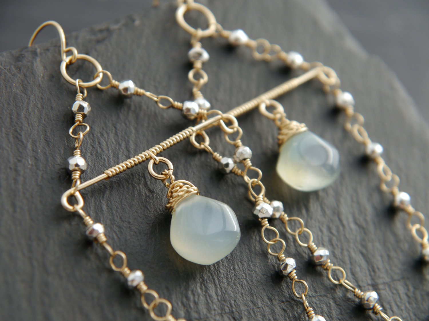 Aqua Chalcedony Chandelier Gemstone Earrings, 14K Gold Filled Bohemian Style