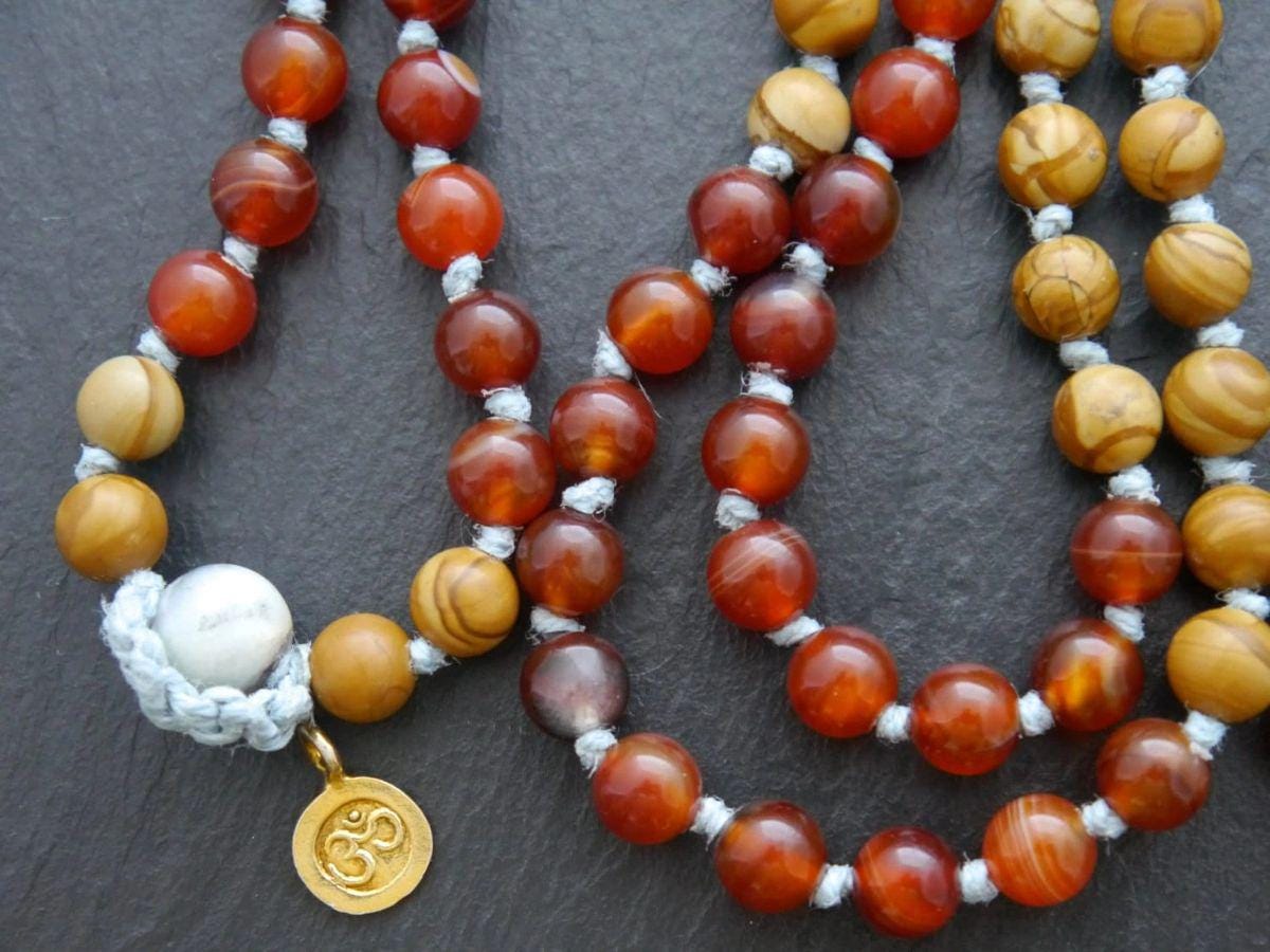 Red Carnelian Brown Jasper Mala Beads, 108 Gemstone Beads, Wrap, Hand Knotted