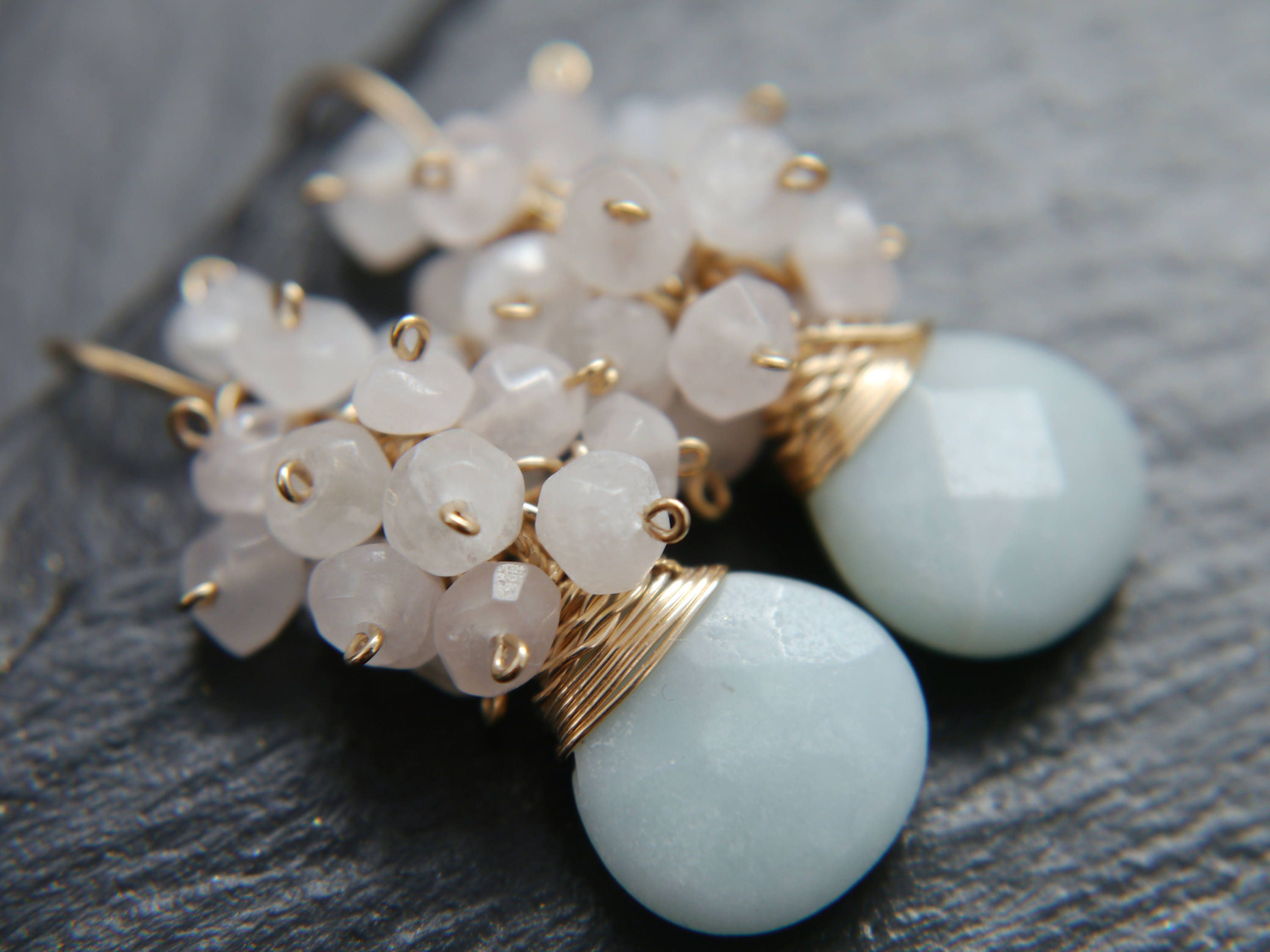 Amazonite Rose Quartz Cluster Earrings, 14K Gold Filled Floral Dangle, Garden Wedding