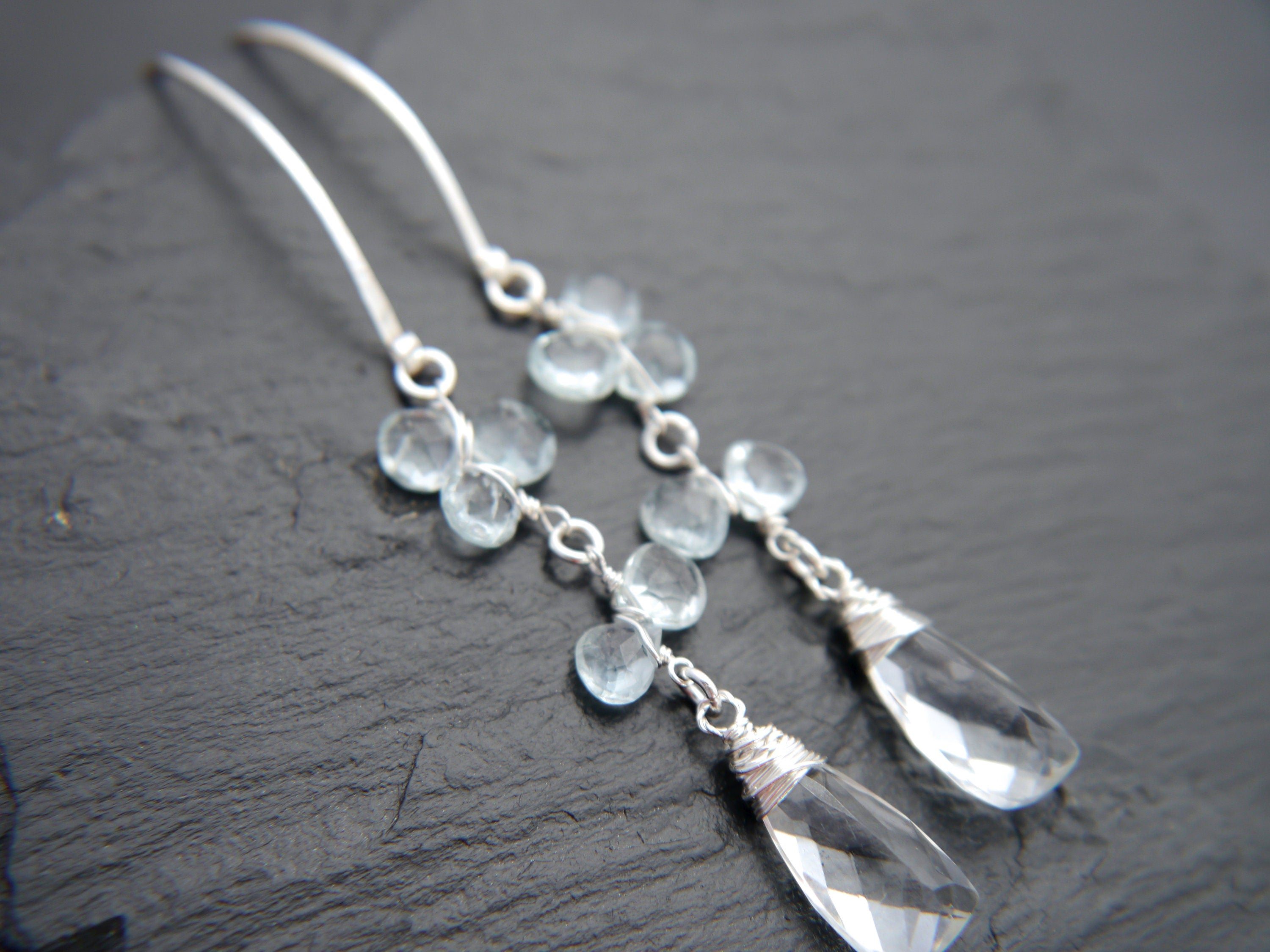 Aquamarine Quartz Trillion Hoop Gemstone Earrings, Sterling Silver, Garden Wedding