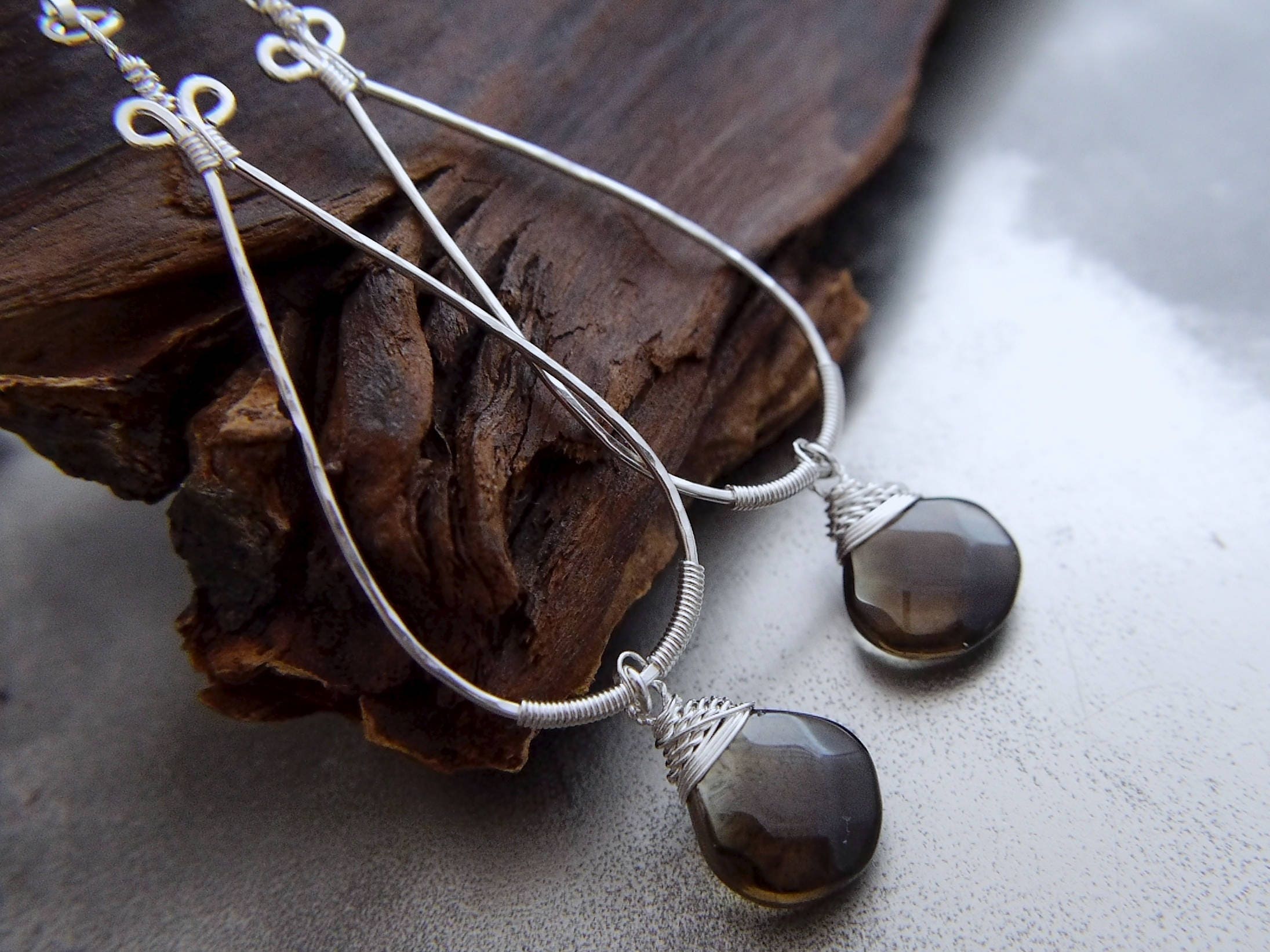 Smokey Quartz Wire Wrapped Teardrop Hoop Gemstone Earrings, Sterling Silver
