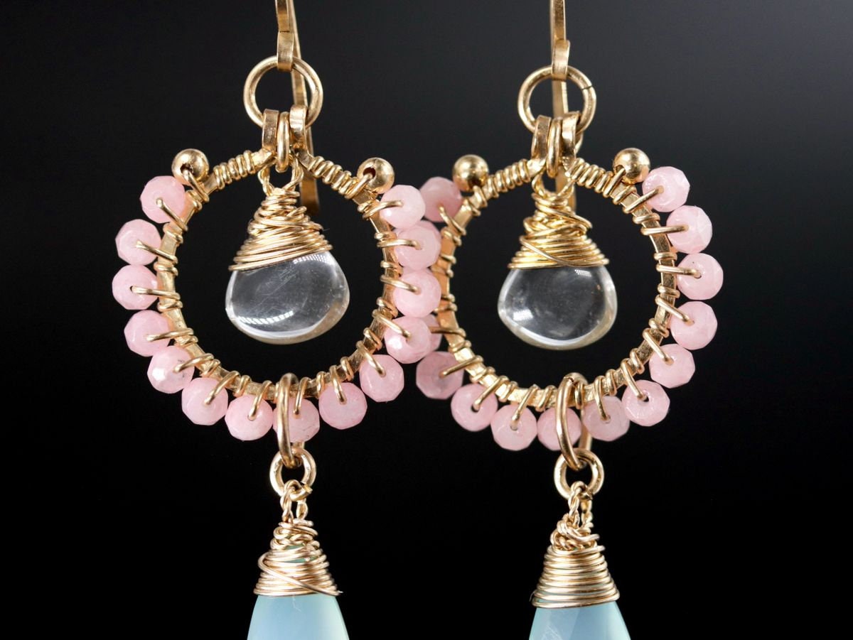 Pink Opal Chalcedony Trillion Briolette Floral Gemstone Earrings, 14K Gold Filled Bohemian Style