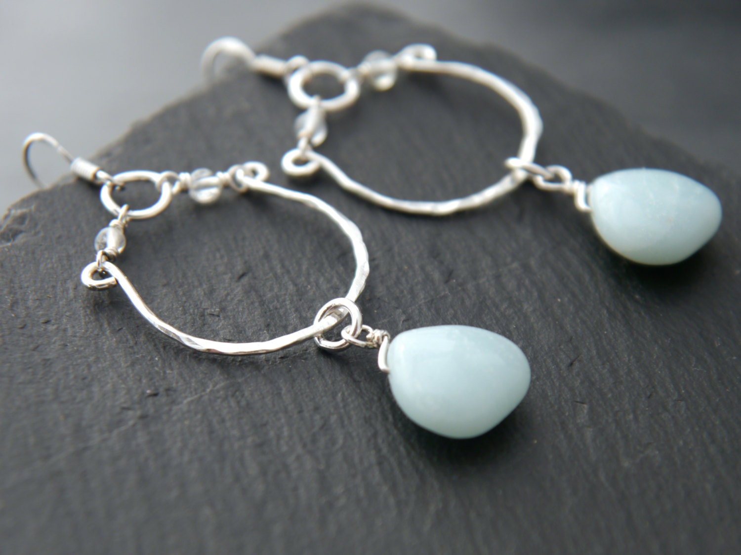 Aqua Amazonite Hoop Gemstone Earrings, Sterling Silver, Wedding