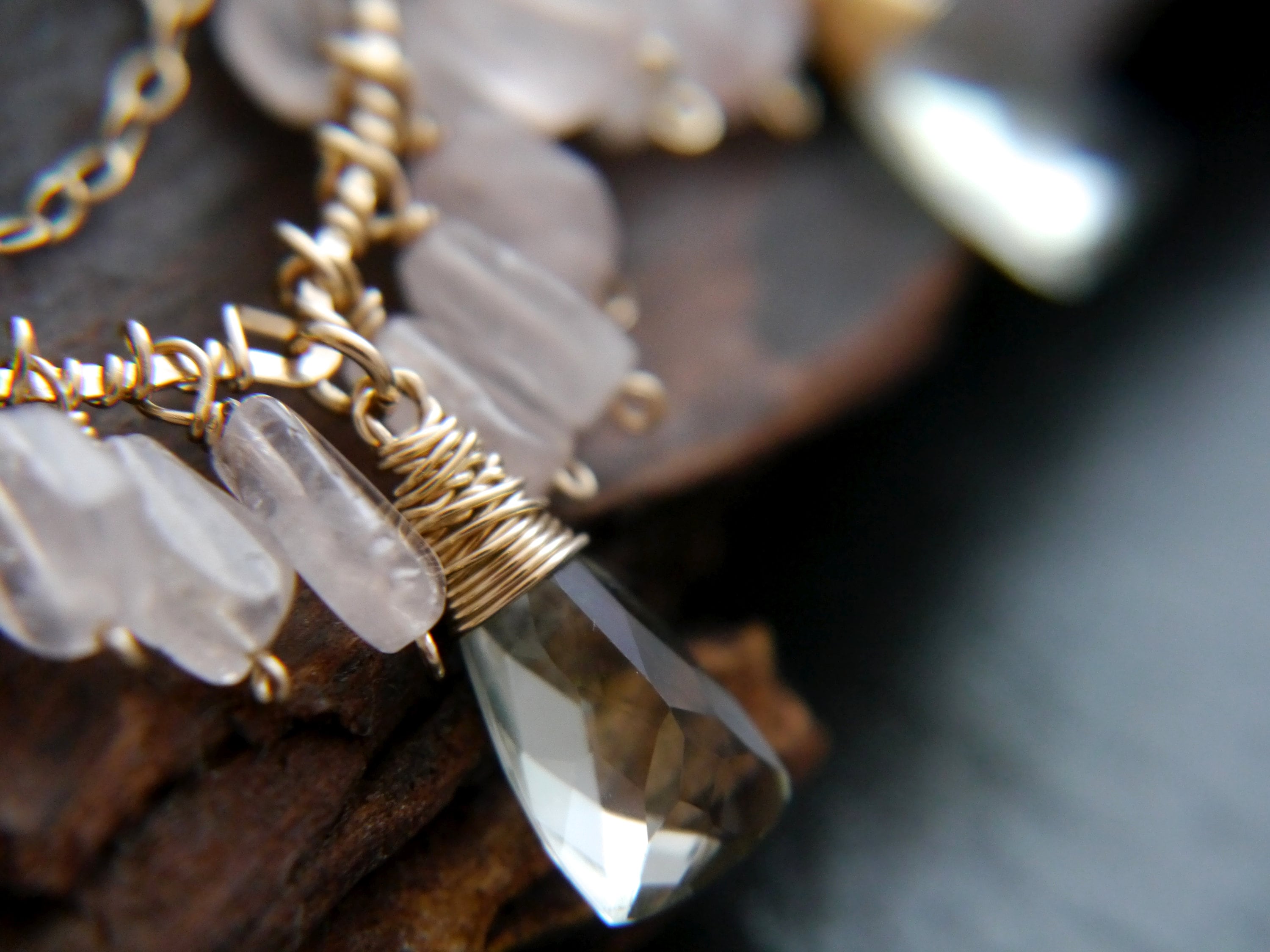 Pink Rose Quartz Bohemian Chandelier Fringe Gemstone Earrings, 14K Gold Filled Boho