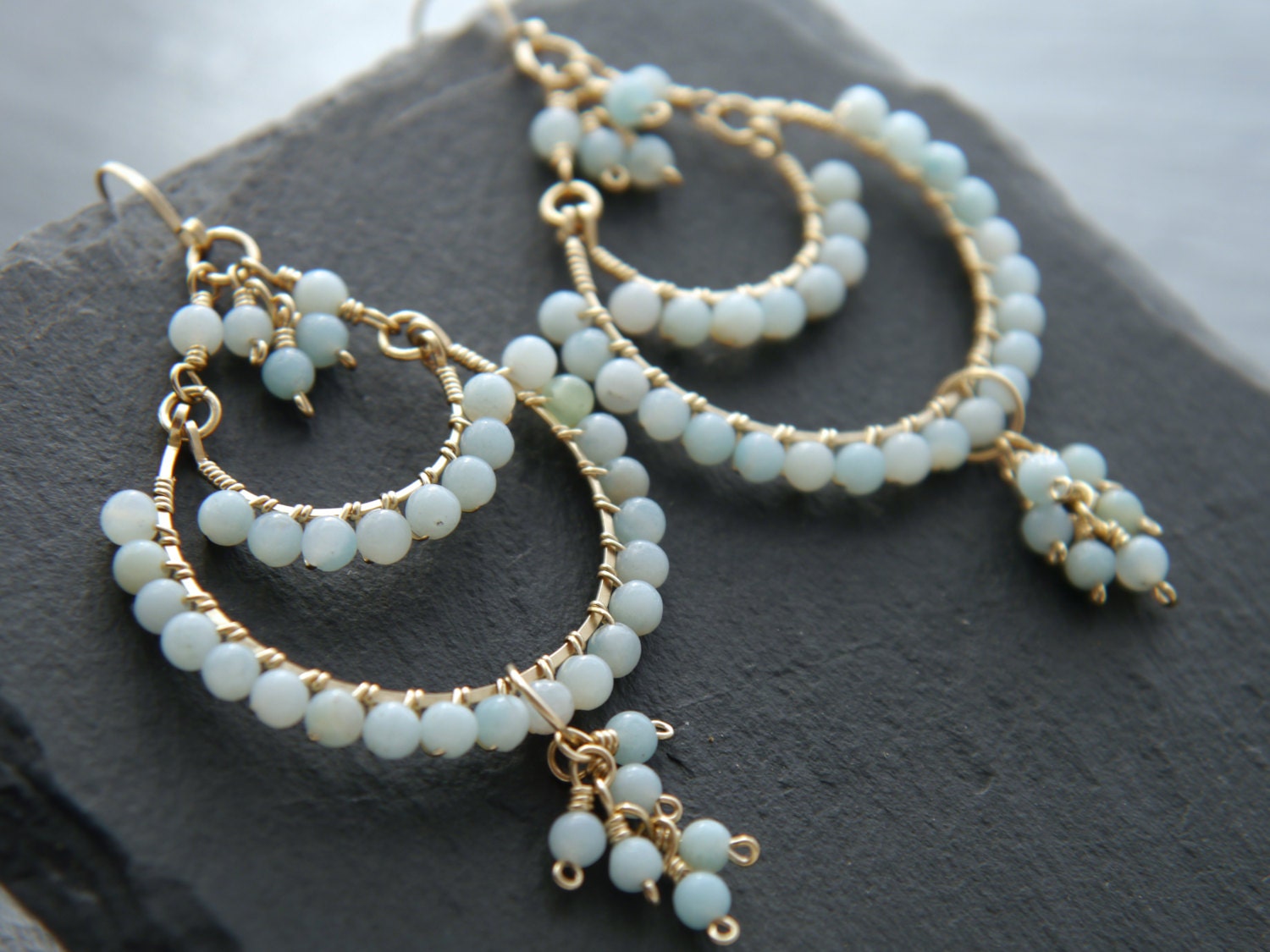 Amazonite Tiered Chandelier Earrings, 14K Gold Filled Layered Dangle, Bohemian Bridal