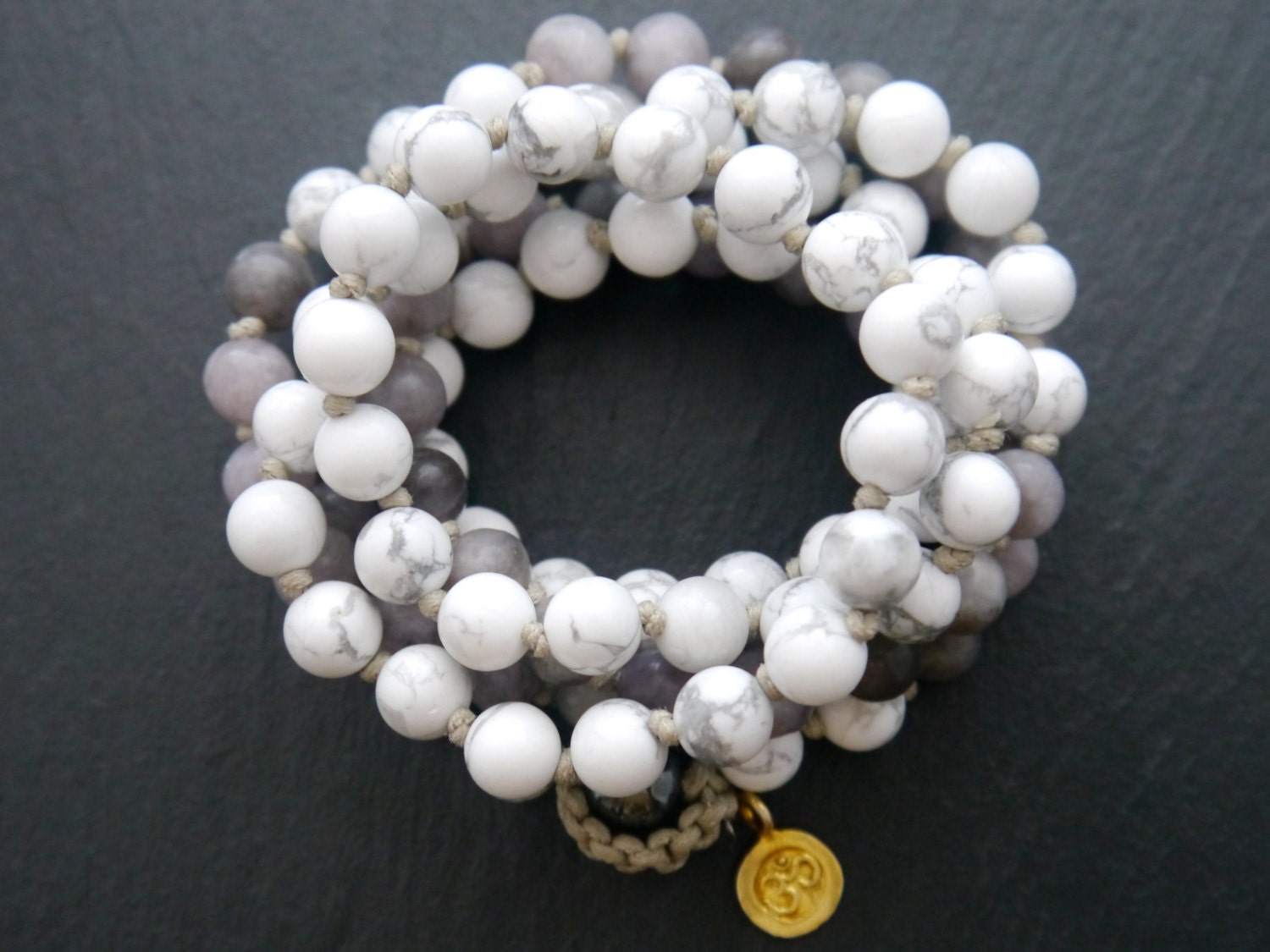 White Howlite Lilac Stone Mala Beads, 108 Gemstone Beads, Wrap, Hand Knotted