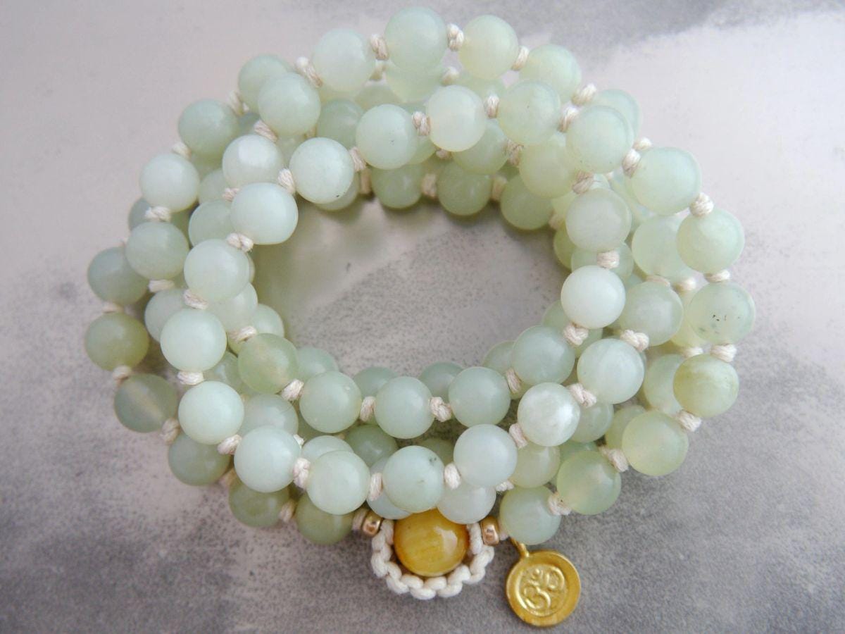 Sea Green Serpentine Mala Beads, 108 Gemstone Beads, Wrap, Hand Knotted