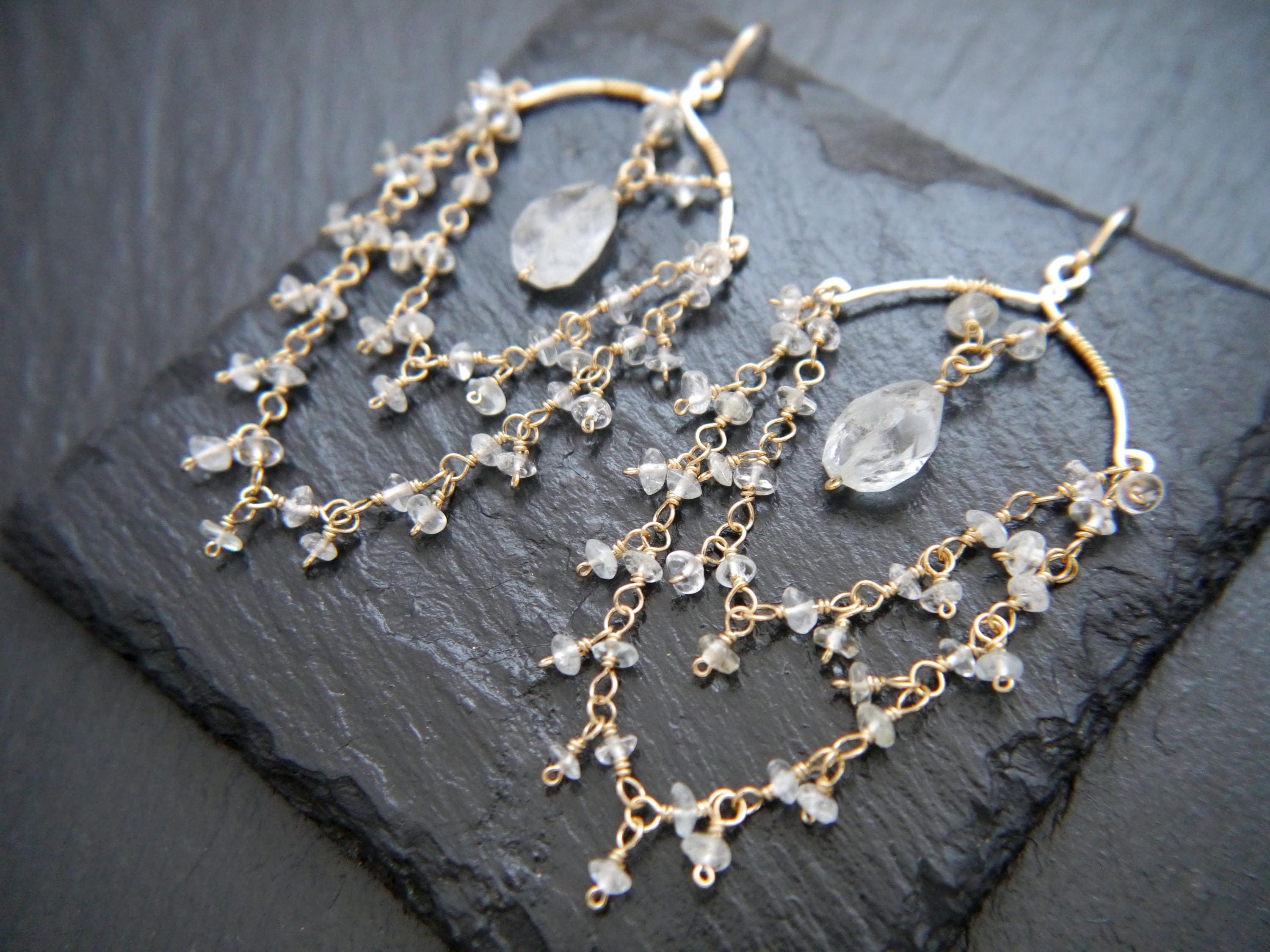 Aquamarine Fringe Chandelier Earrings, 14K Gold Filled Boho Dangle, Wedding Jewelry